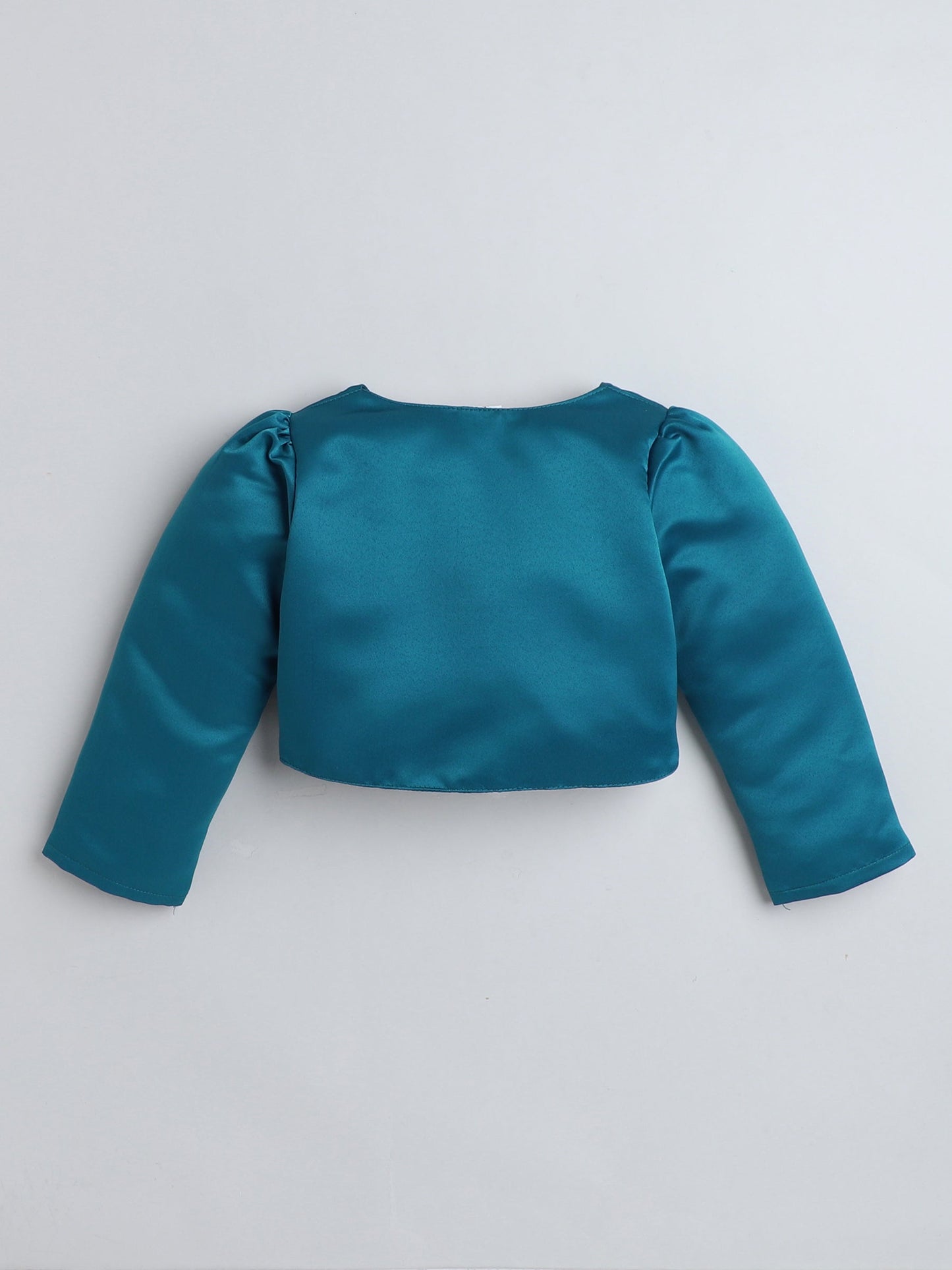 The Magic Wand Satin Full Sleeves Solid Bolero Shrug With Brooch Peacock Blue
