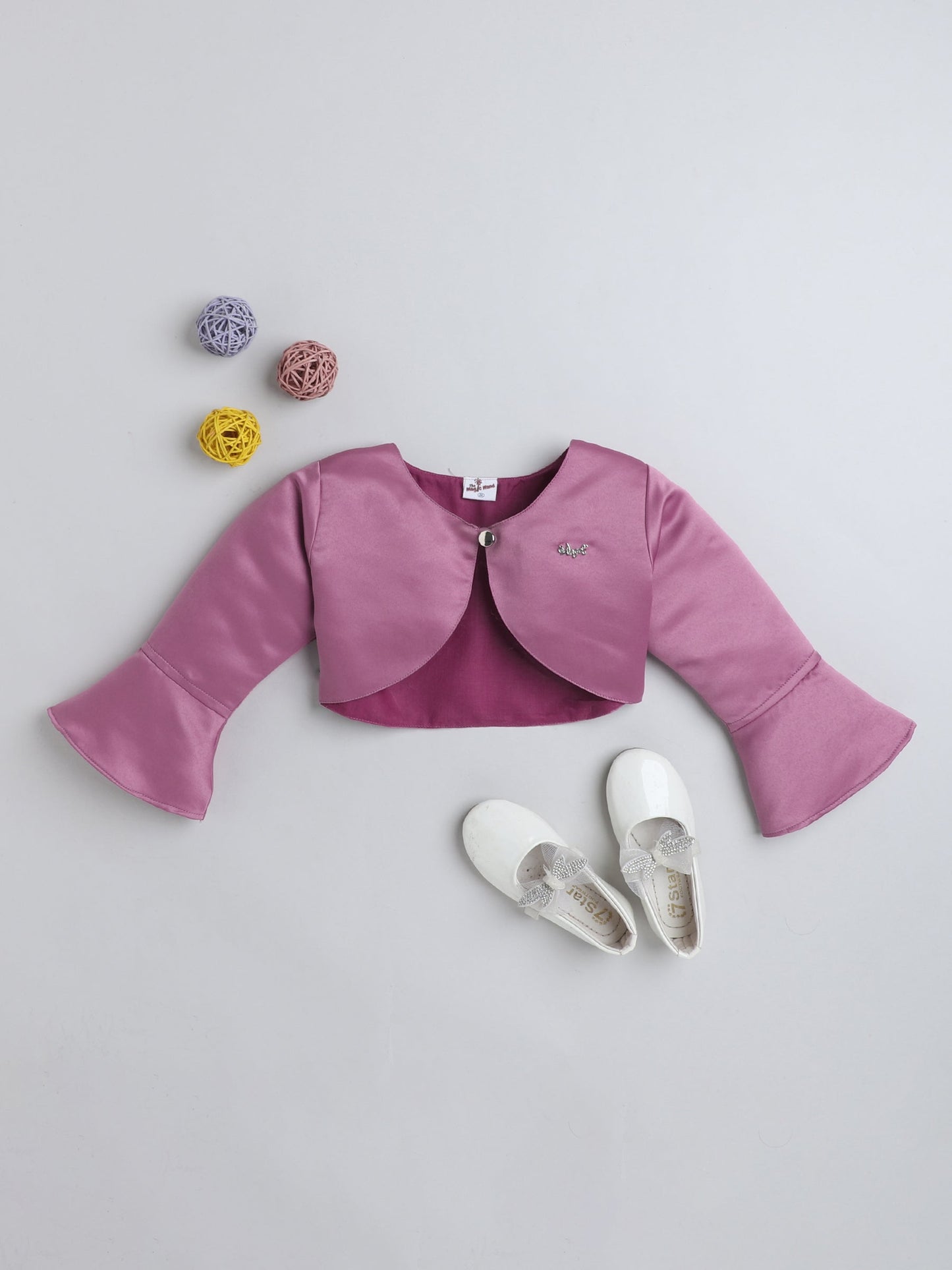 The Magic Wand Satin Three Fourth Sleeves Solid Bolero Shrug With Brooch Pink