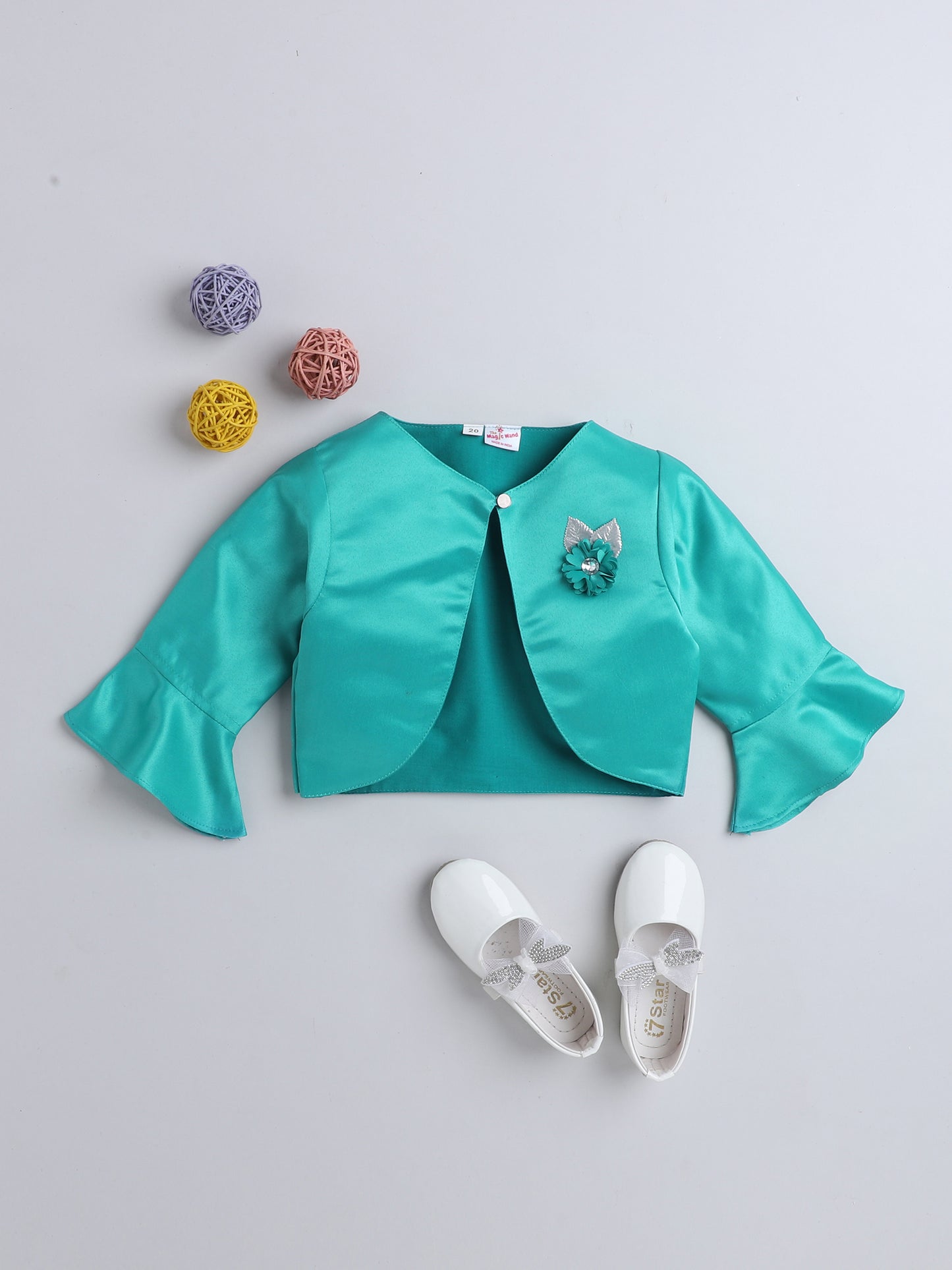 Satin Front Open Round Neck Without Collor Pleated Hem Three Fourth Sleeves Solid Shrug with Corsage For Girls Sea Green