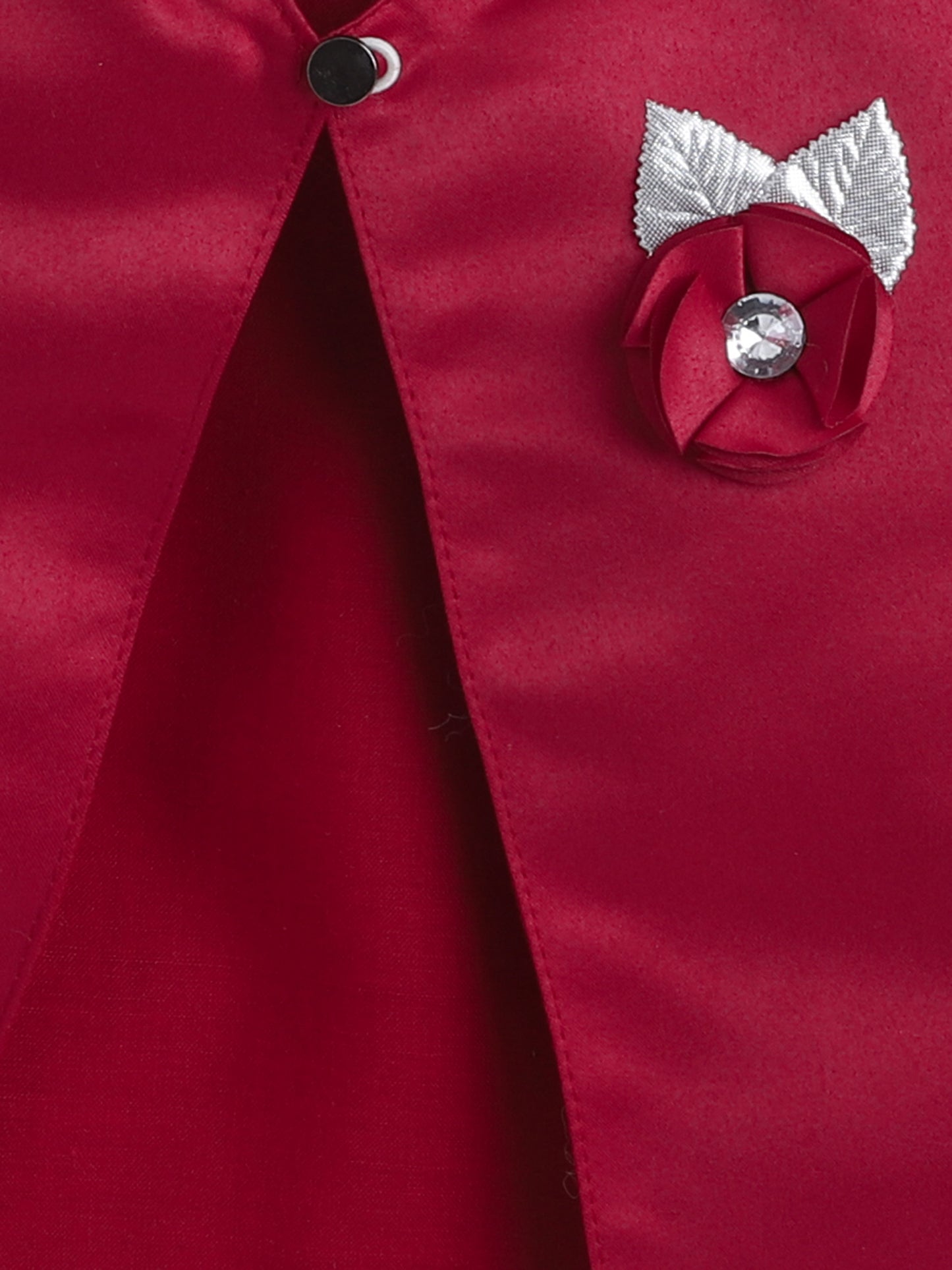 Satin Front Open Round Neck Without Collor Pleated Hem Three Fourth Sleeves Solid Shrug with Corsage For Girls Maroon