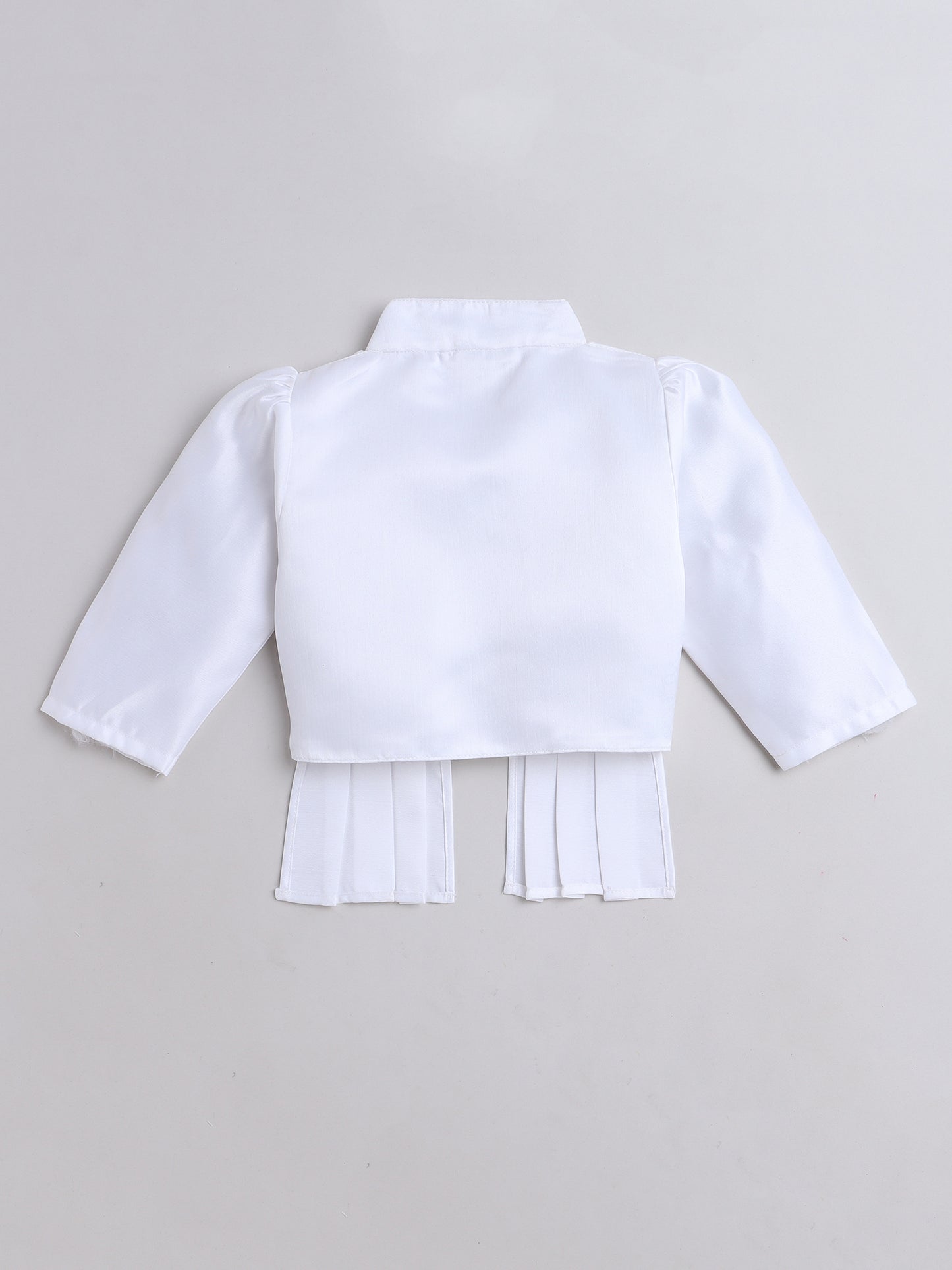 Satin Front Open Mandarin Collar Pleated Hem Three Fourth Sleeves Solid Shrug with Corsage For Girls White