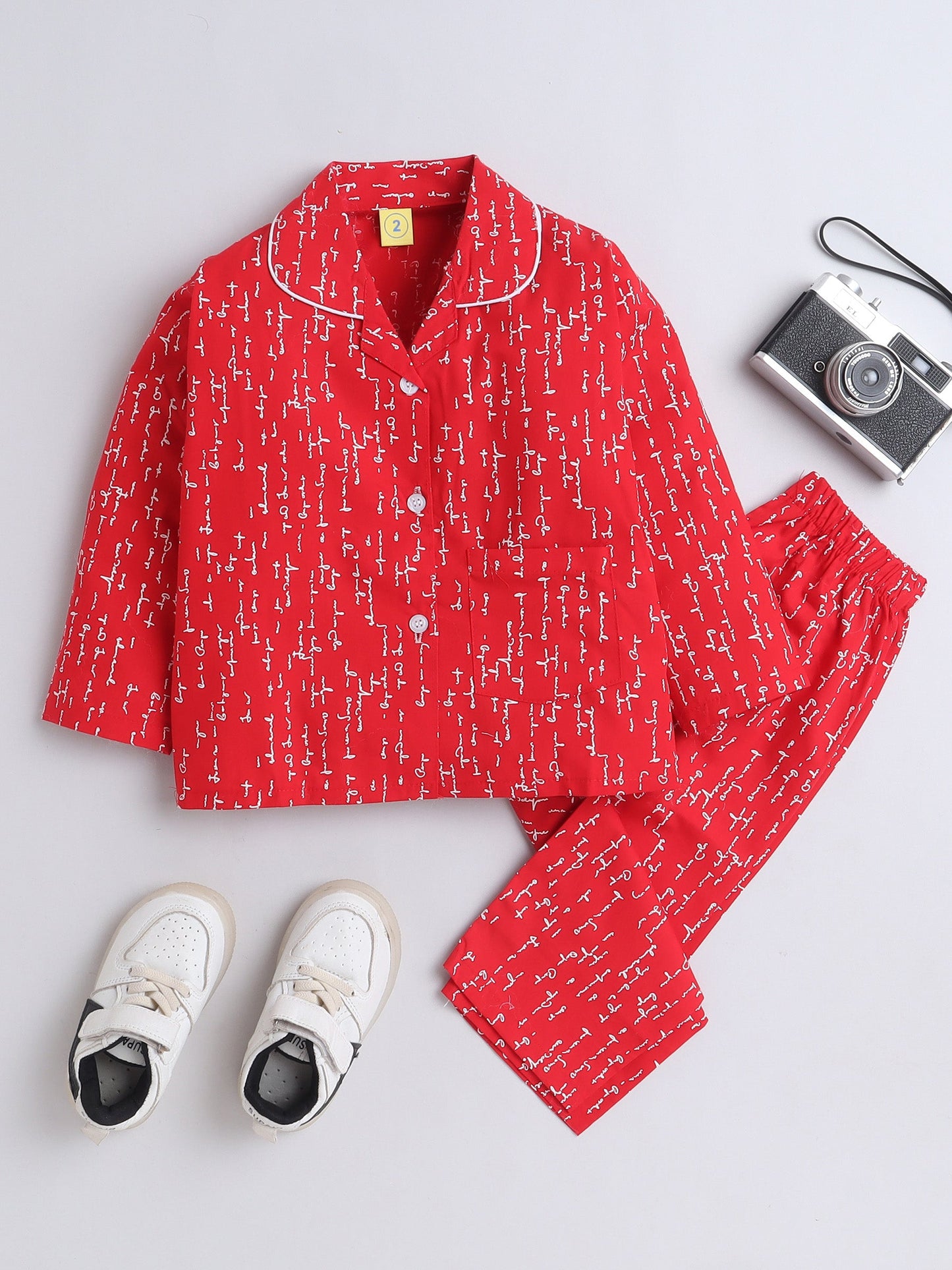 Cotton Woven Full Sleeves Typography Printed Coordinating Night Suit Set - Red