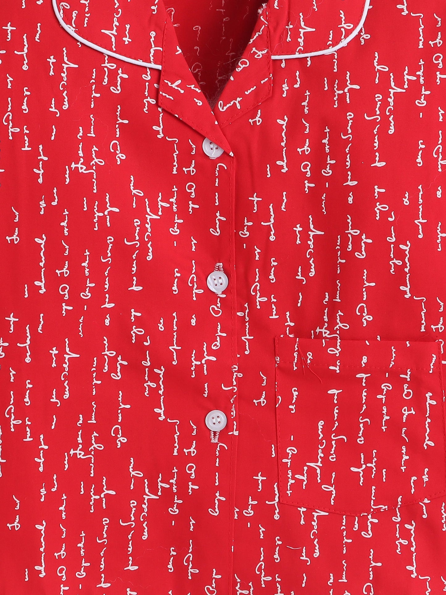 Cotton Woven Full Sleeves Typography Printed Coordinating Night Suit Set - Red
