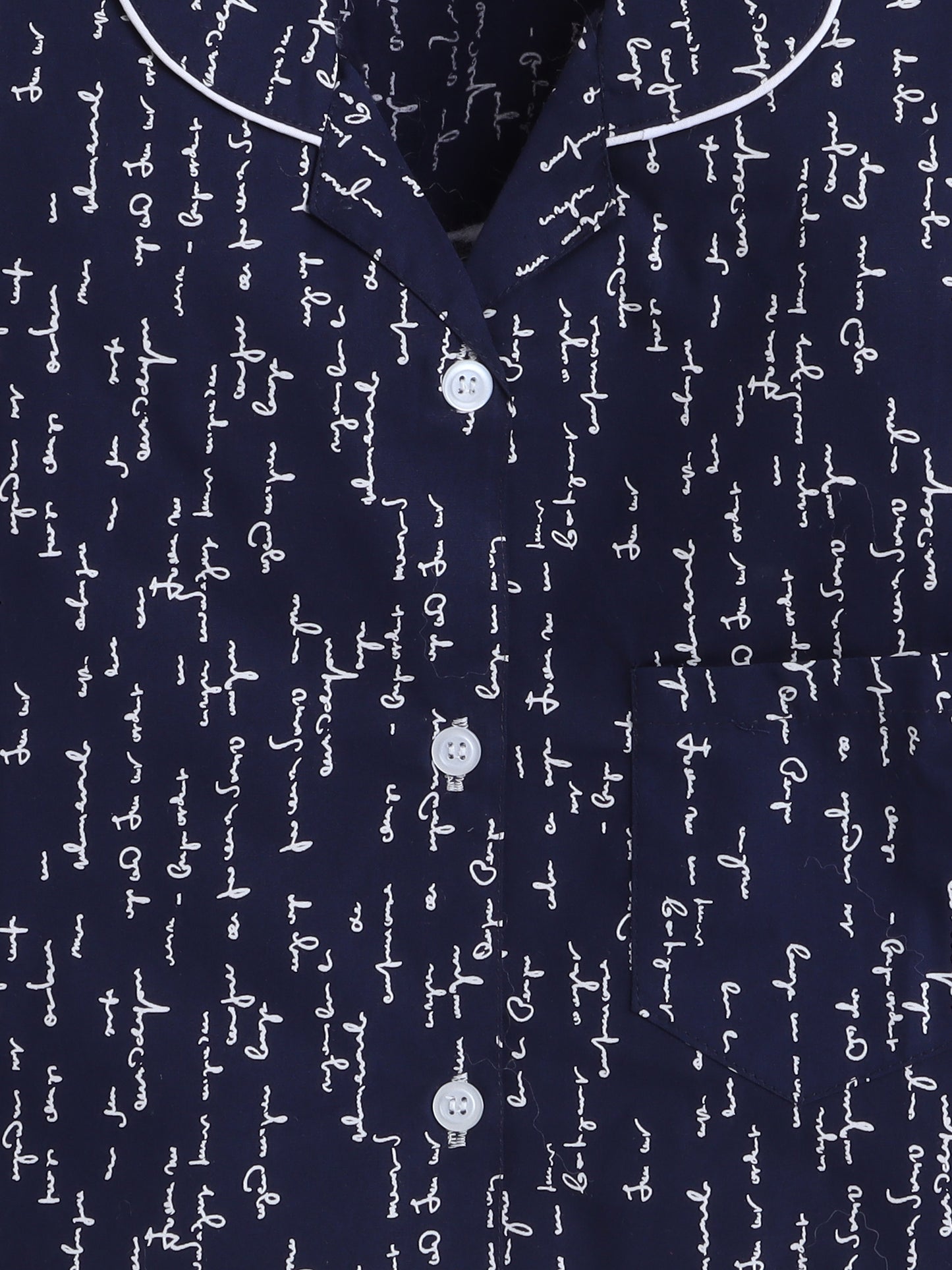 Full Sleeves Cotton Text Printed Night Suit Set Navy Blue