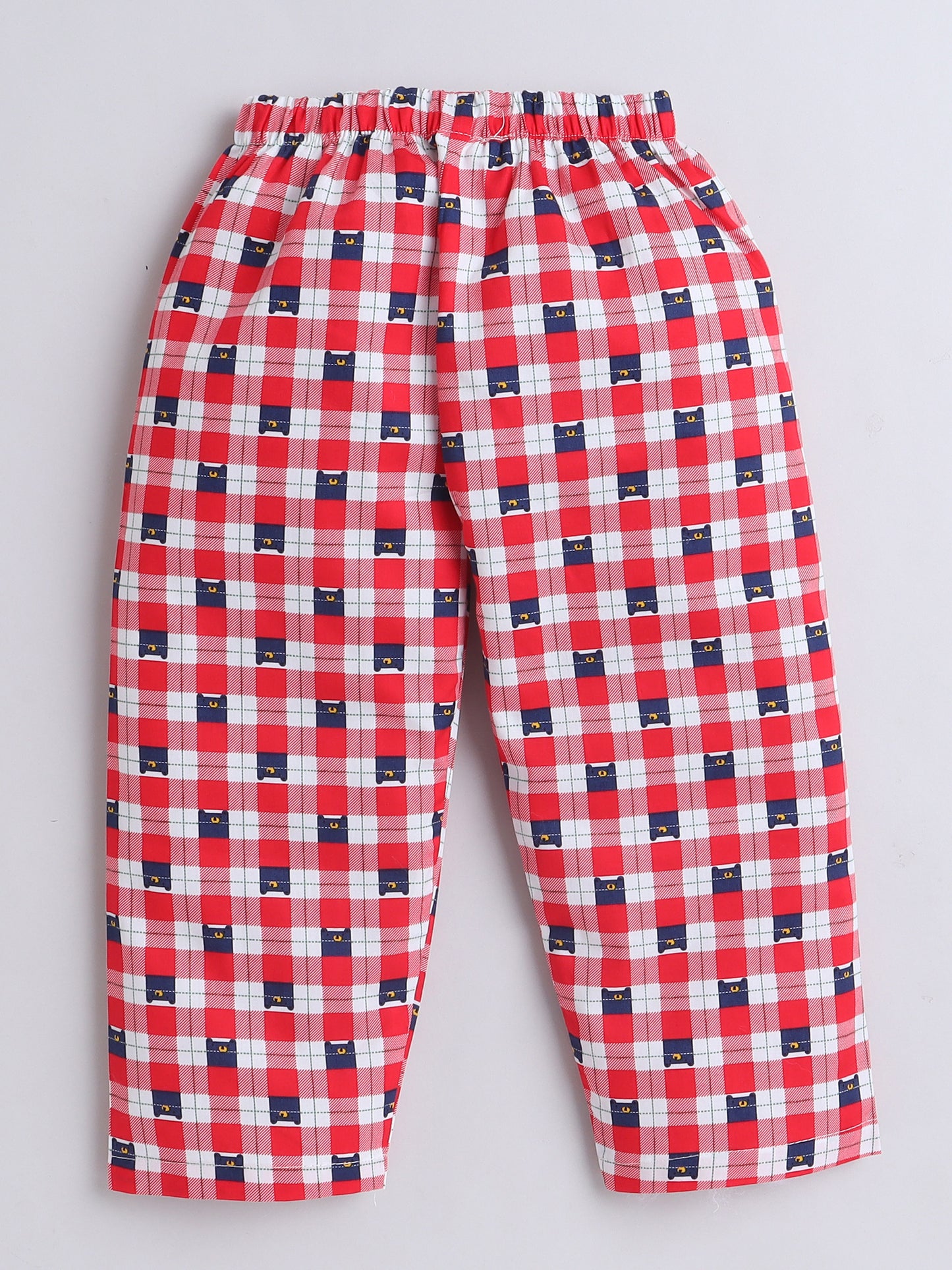 Full Sleeves Cotton Checks Printed Night Suit Set Red