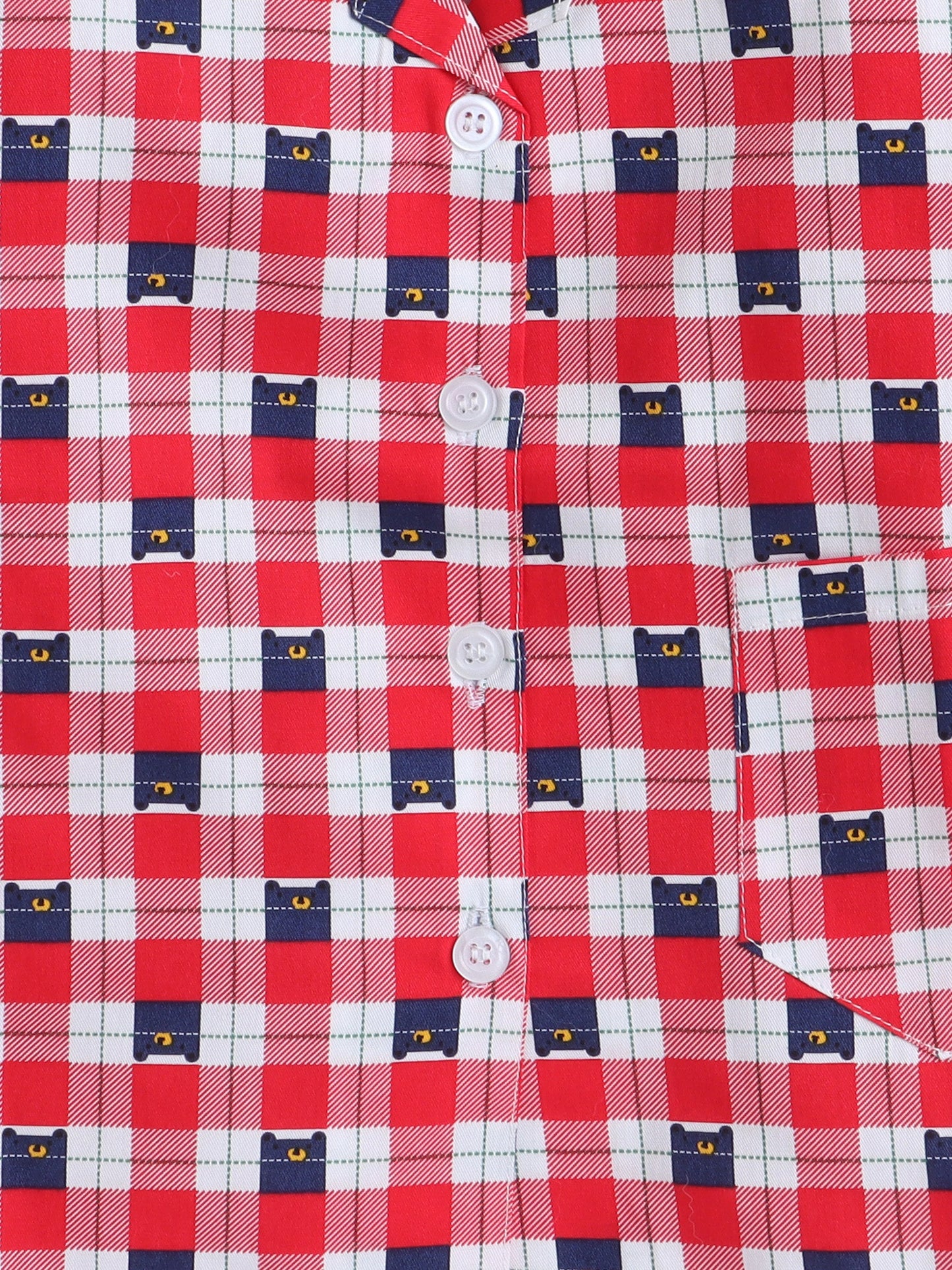 Cotton Woven Full Sleeves Bear Printed & Checked Coordinating Night Suit Set - Red
