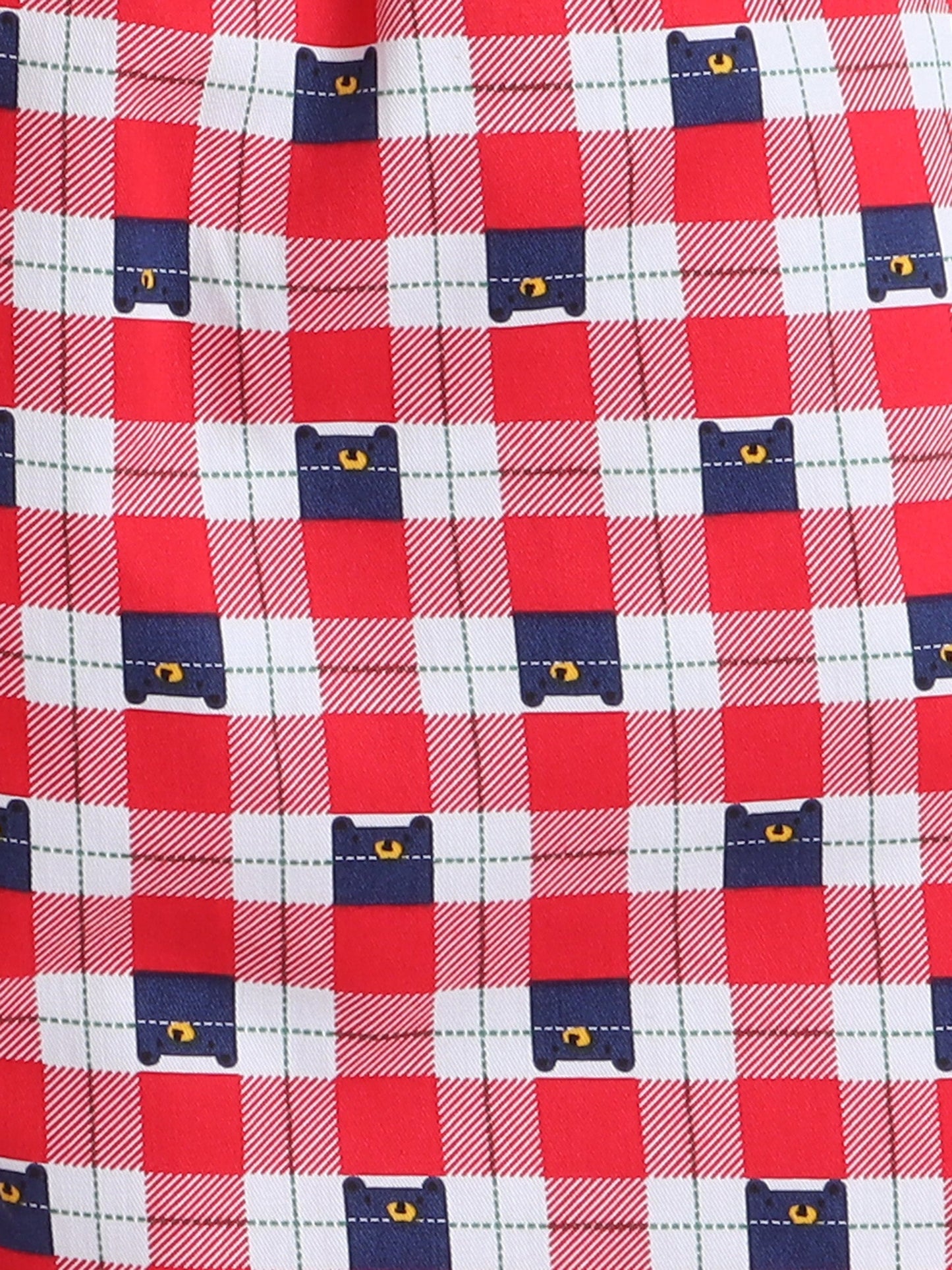 Cotton Woven Full Sleeves Bear Printed & Checked Coordinating Night Suit Set - Red