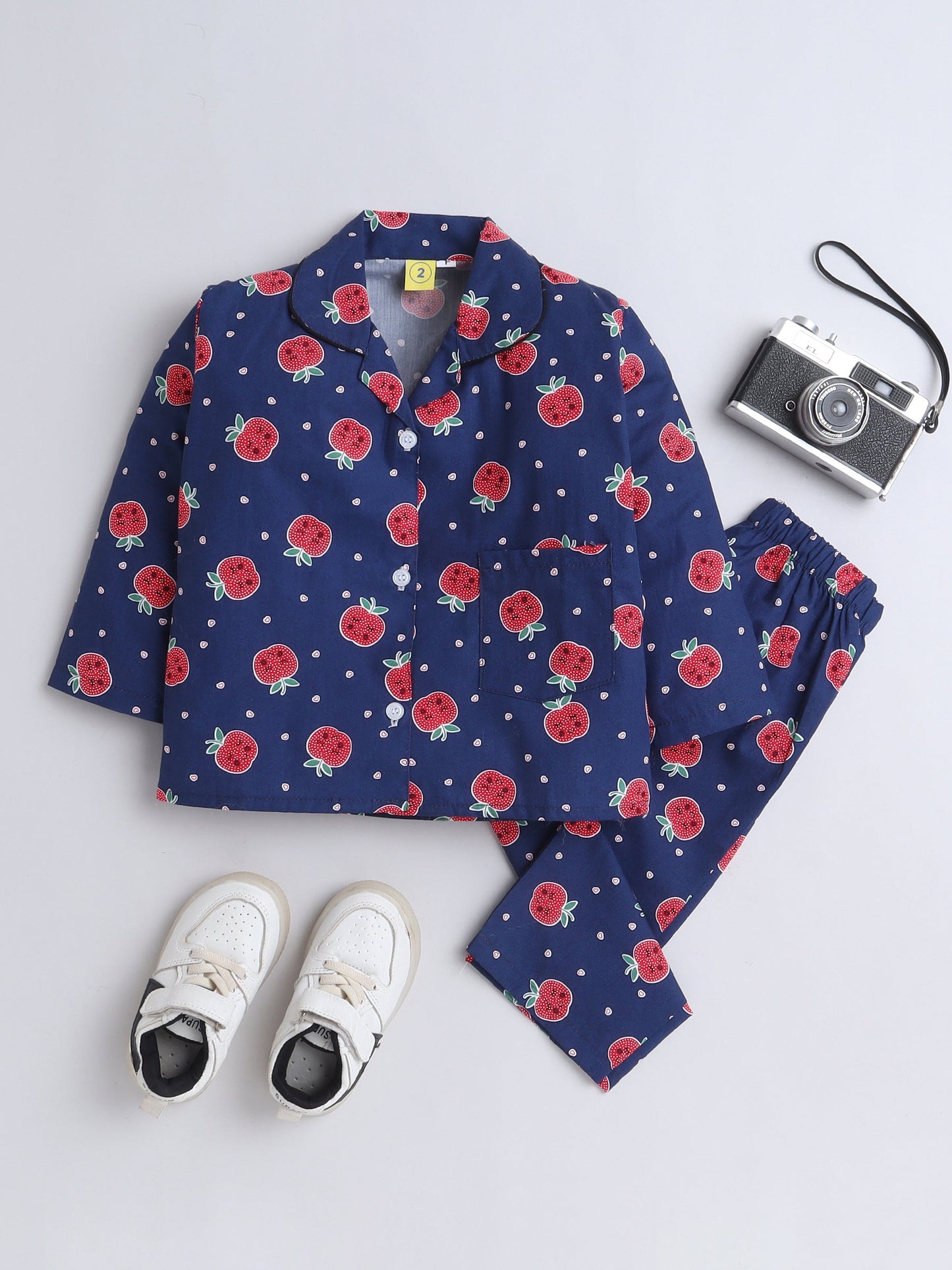 Cotton Woven Full Sleeves Apple & Hearts Printed Coordinating Night Suit Set - Navy Blue