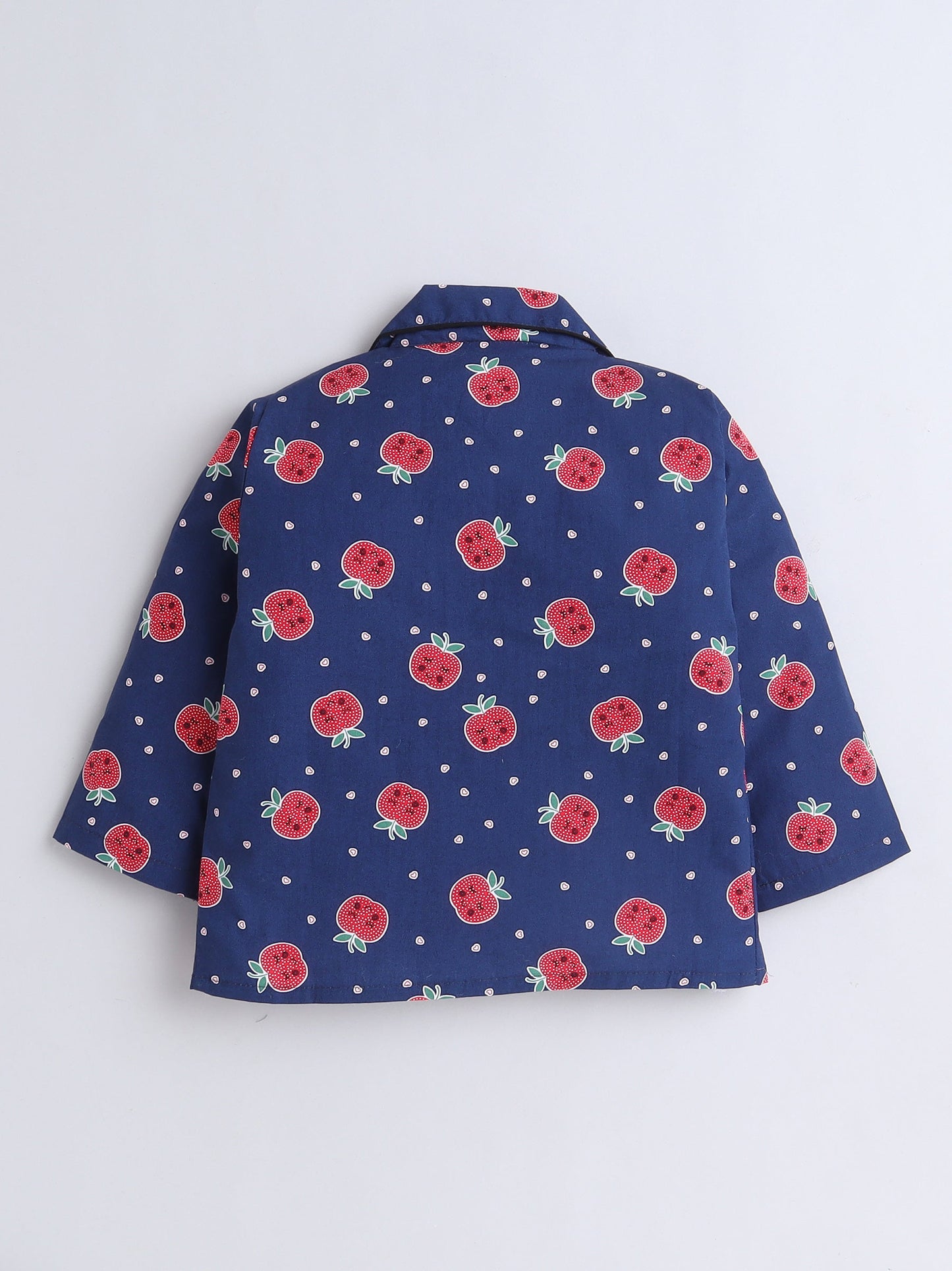 Cotton Woven Full Sleeves Apple & Hearts Printed Coordinating Night Suit Set - Navy Blue
