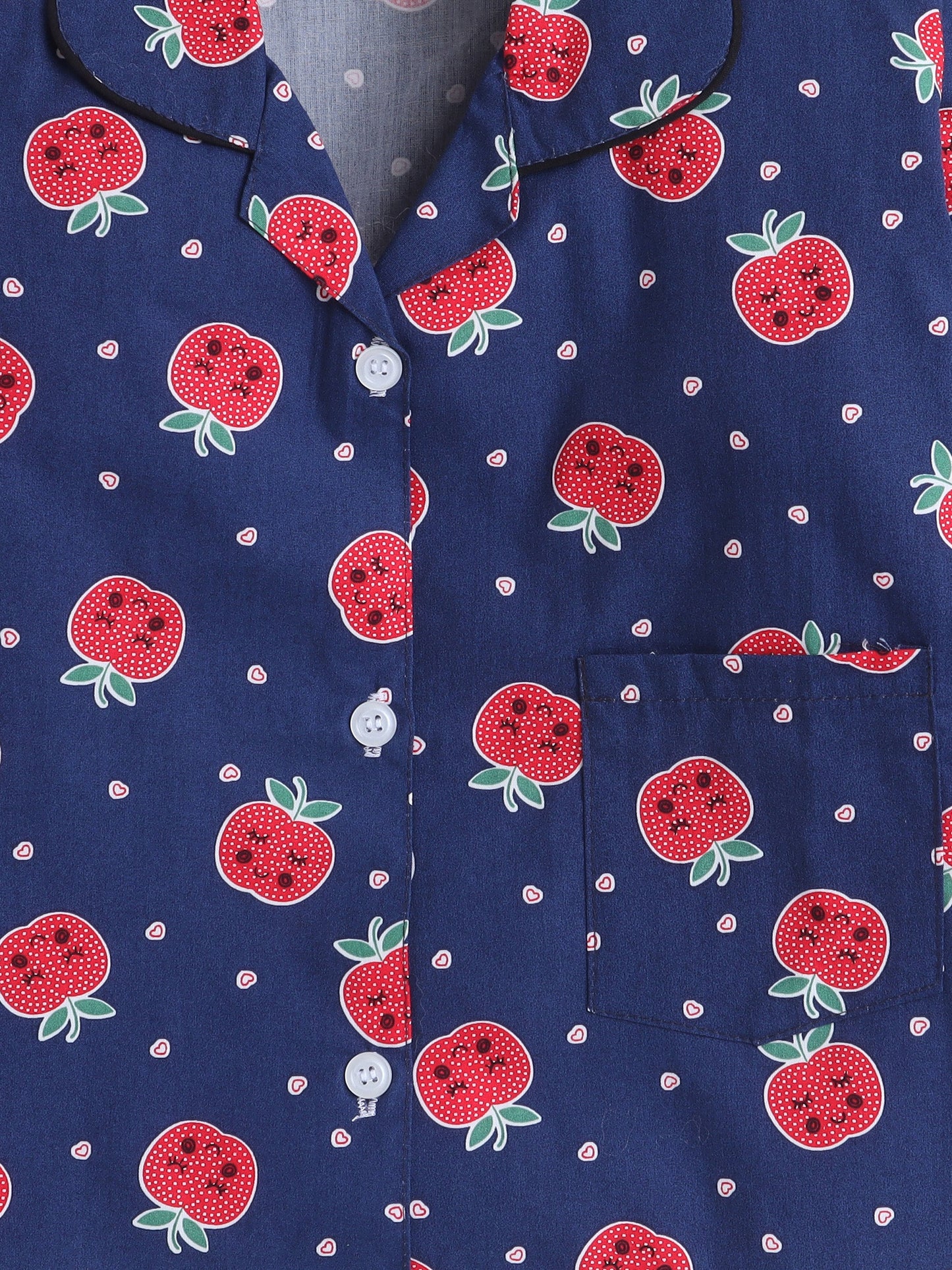 Cotton Woven Full Sleeves Apple & Hearts Printed Coordinating Night Suit Set - Navy Blue