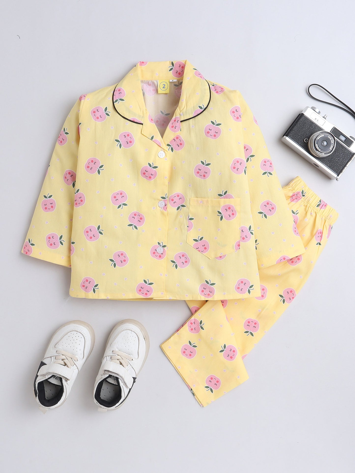 Cotton Woven Full Sleeves Apple & Hearts Printed Coordinating Night Suit Set - Yellow