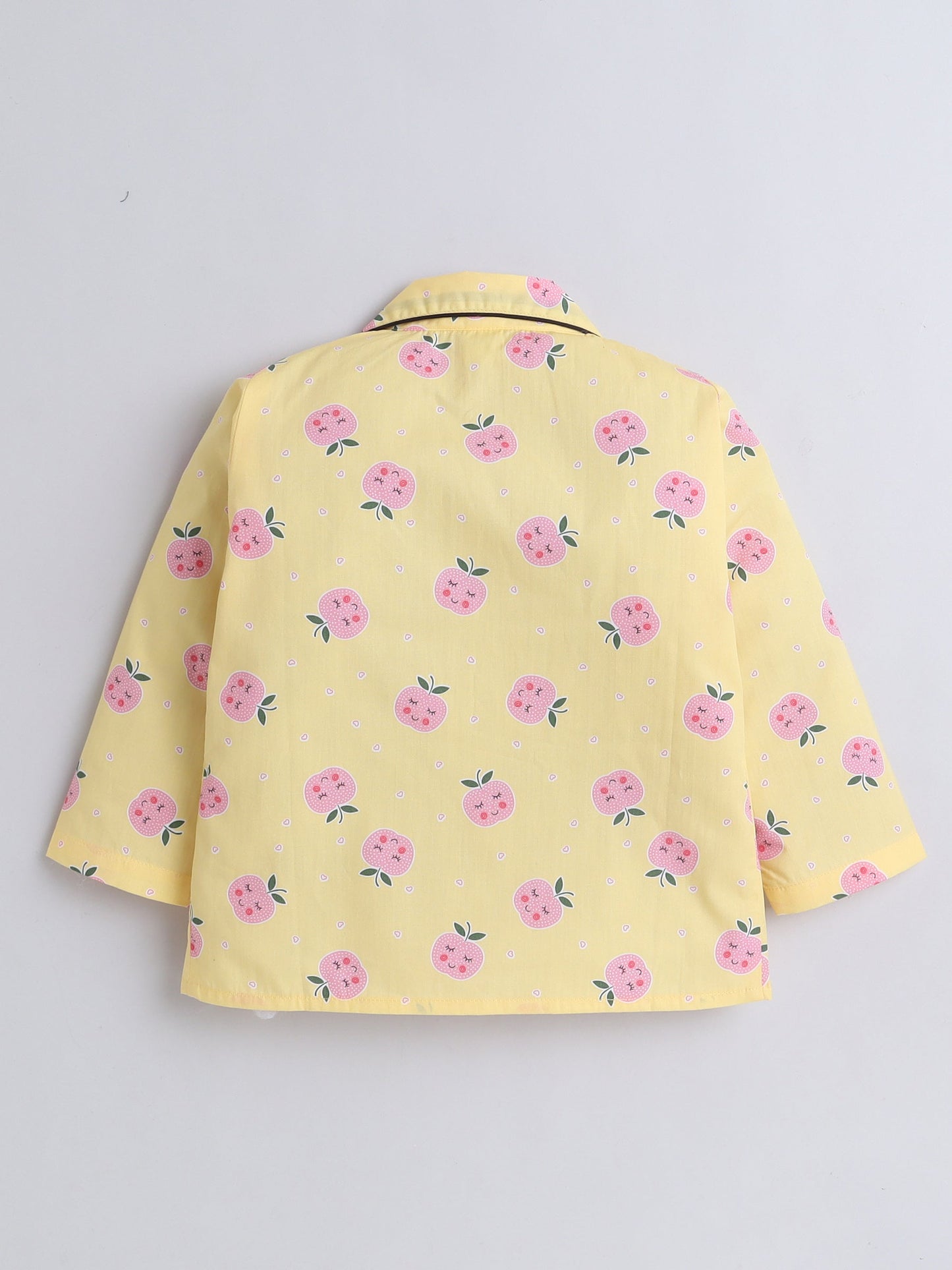 Cotton Woven Full Sleeves Apple & Hearts Printed Coordinating Night Suit Set - Yellow