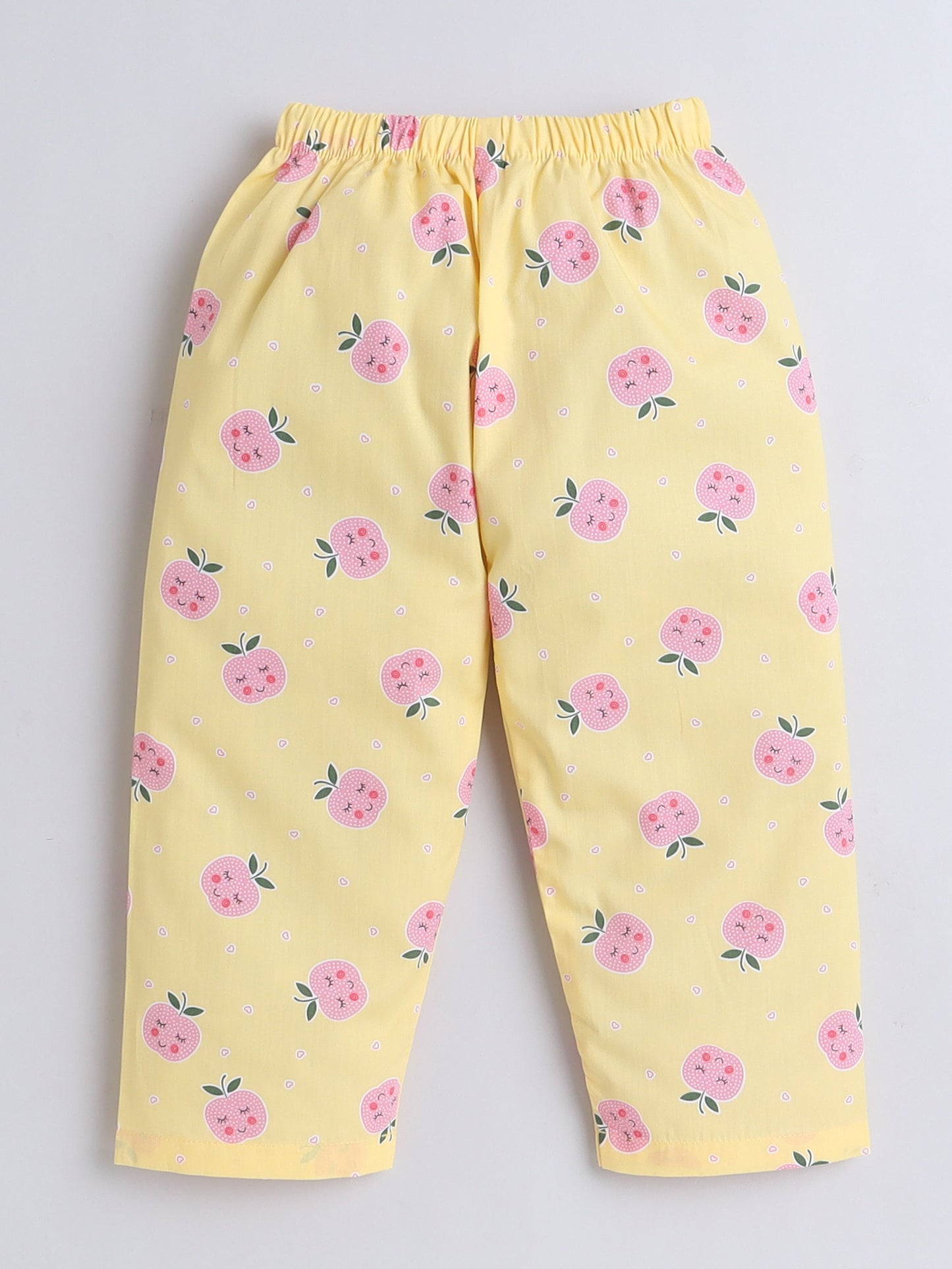 Cotton Woven Full Sleeves Apple & Hearts Printed Coordinating Night Suit Set - Yellow