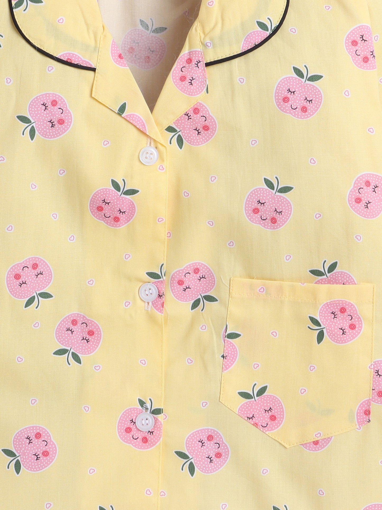 Cotton Woven Full Sleeves Apple & Hearts Printed Coordinating Night Suit Set - Yellow