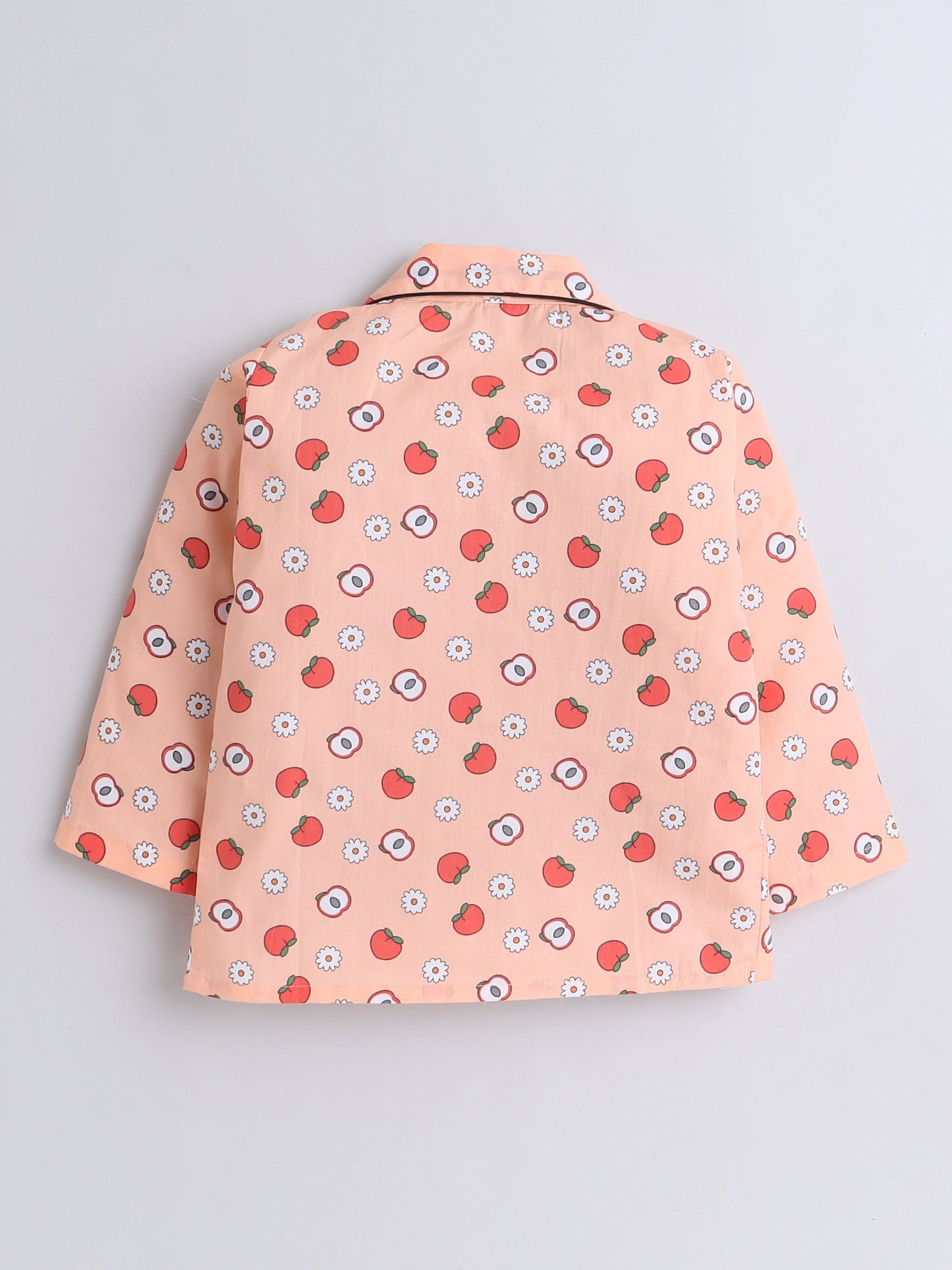 Cotton Woven Full Sleeves Apple & Floral Printed Coordinating Night Suit Set - Peach
