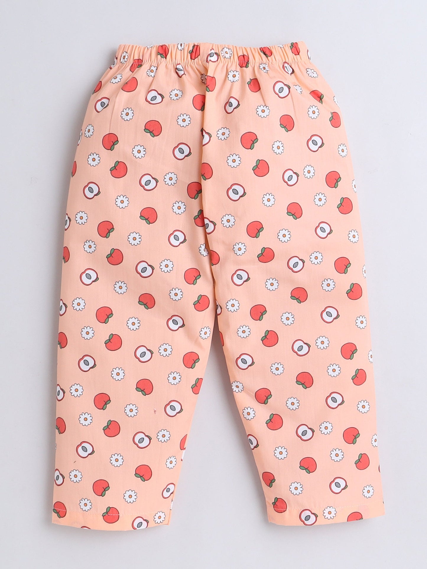 Cotton Woven Full Sleeves Apple & Floral Printed Coordinating Night Suit Set - Peach