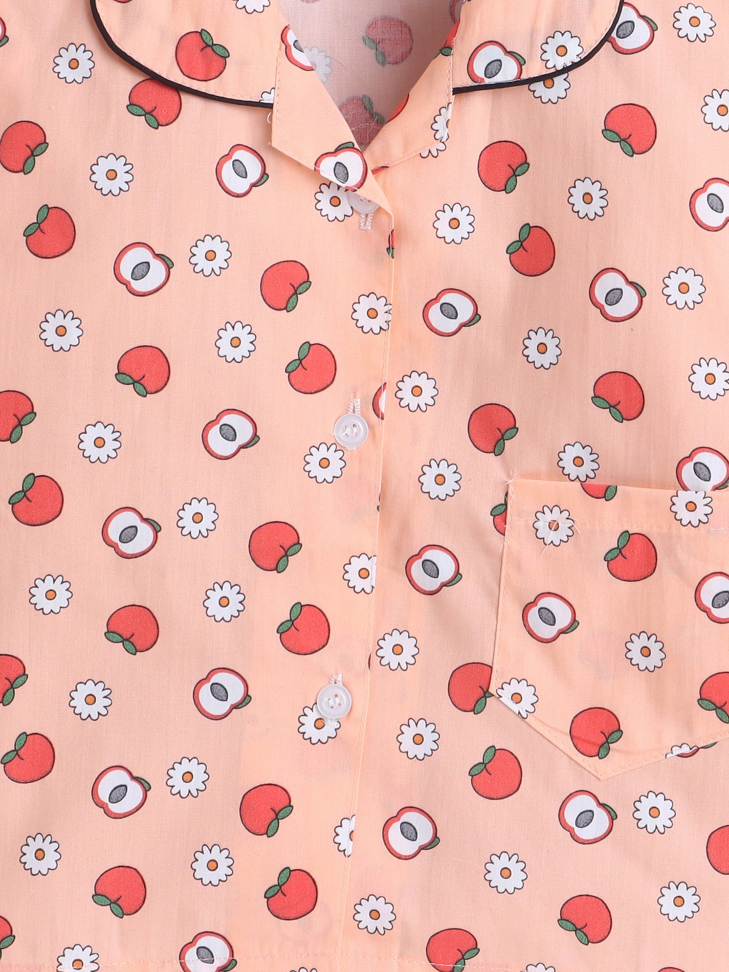 Cotton Woven Full Sleeves Apple & Floral Printed Coordinating Night Suit Set - Peach