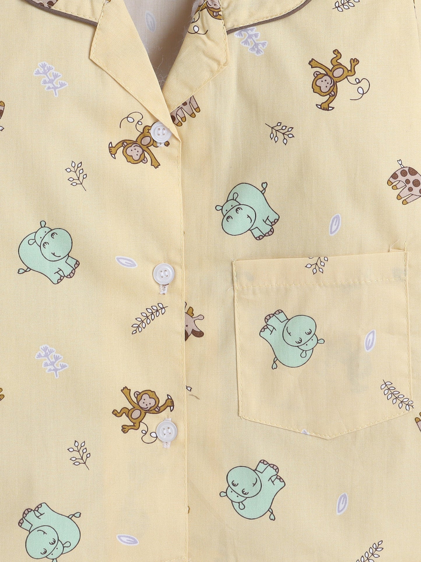 Cotton Woven Full Sleeves Animals Printed Coordinating Night Suit Set - Yellow