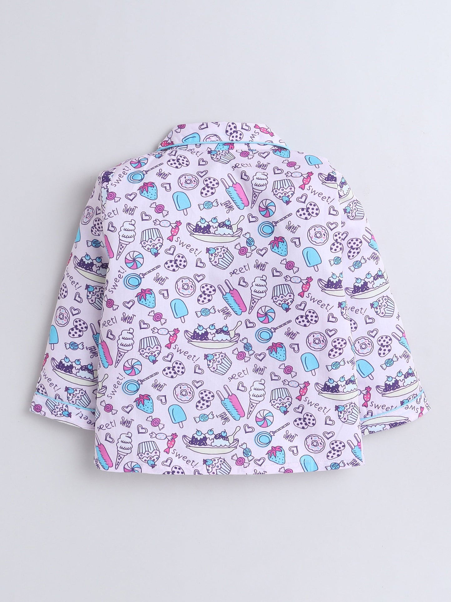 Cotton Woven Full Sleeves Ice Cream & Candies Printed Coordinating Night Suit Set - Purple