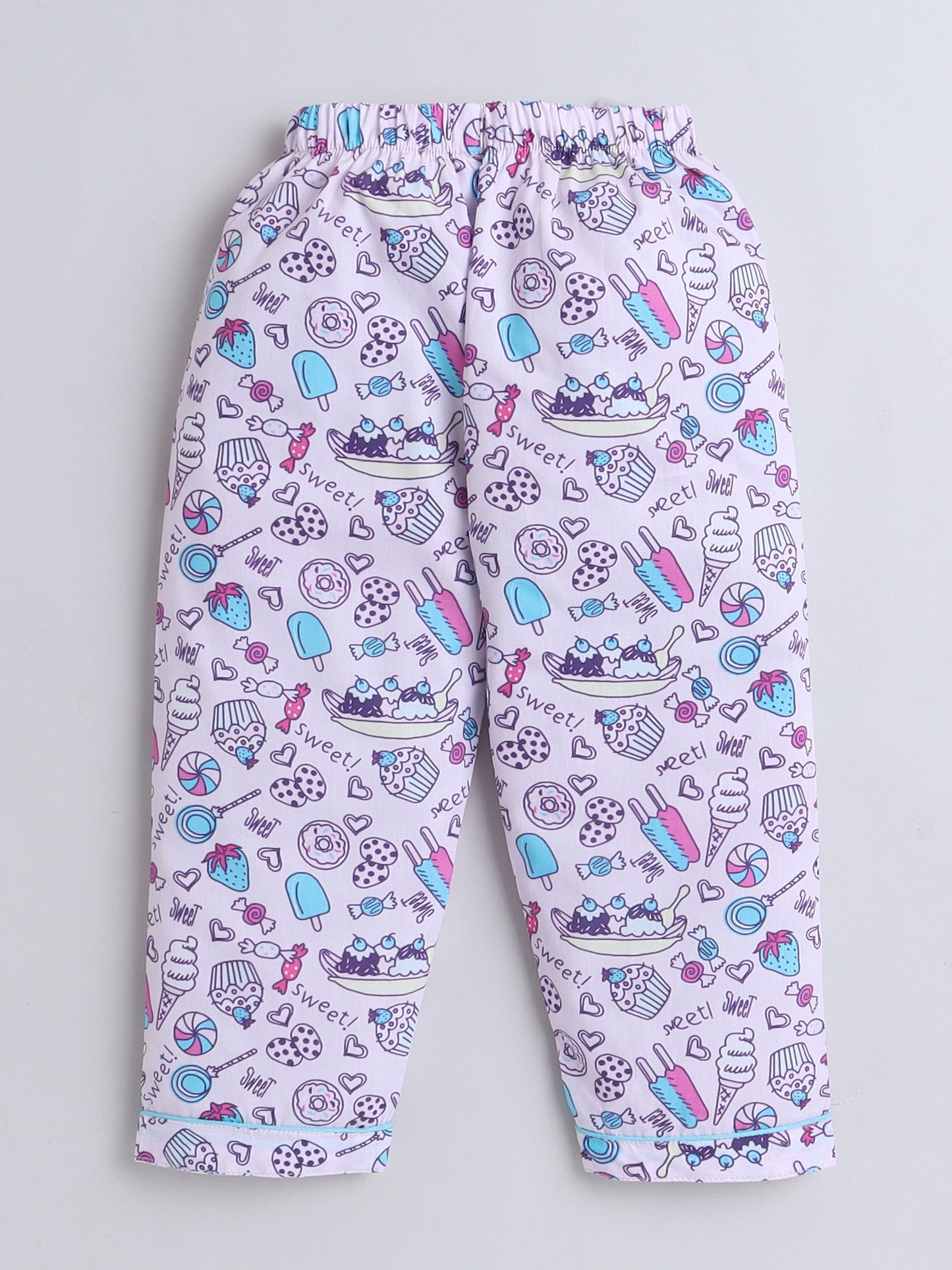 Cotton Woven Full Sleeves Ice Cream & Candies Printed Coordinating Night Suit Set - Purple