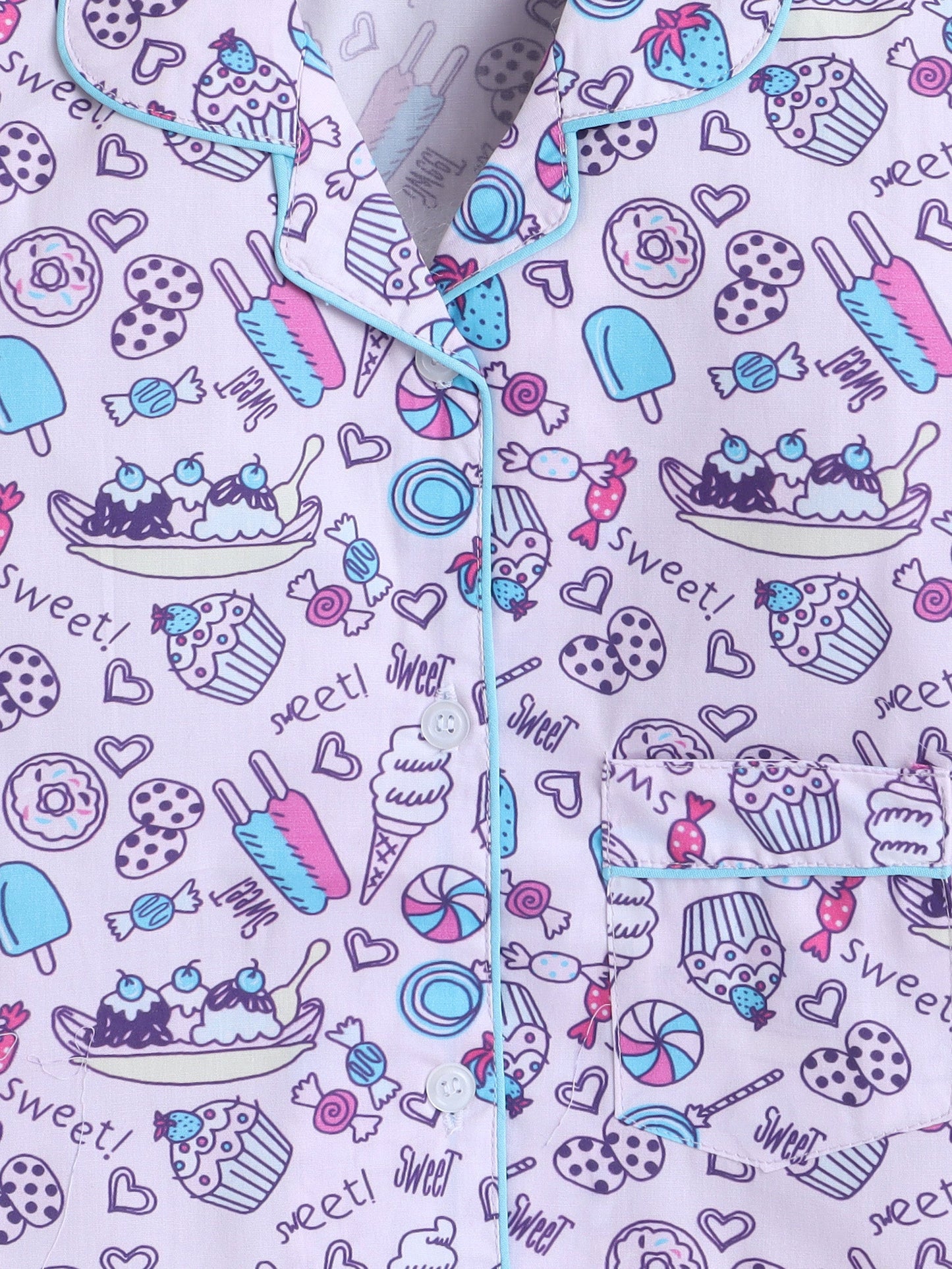 Cotton Woven Full Sleeves Ice Cream & Candies Printed Coordinating Night Suit Set - Purple