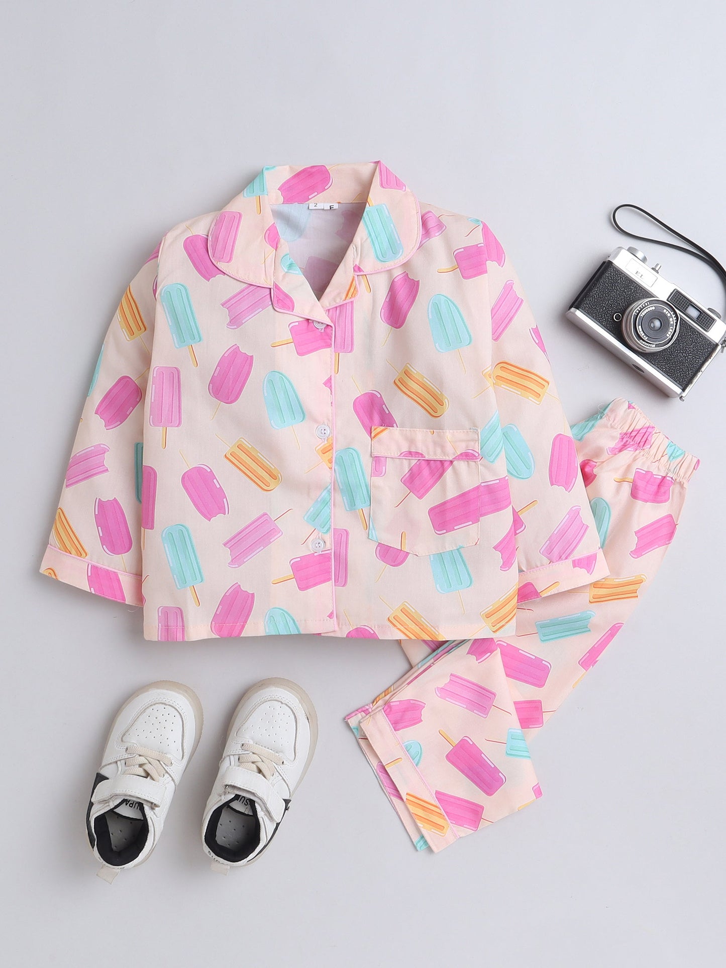 Cotton Woven Full Sleeves Ice Cream & Candies Printed Coordinating Night Suit Set - Peach
