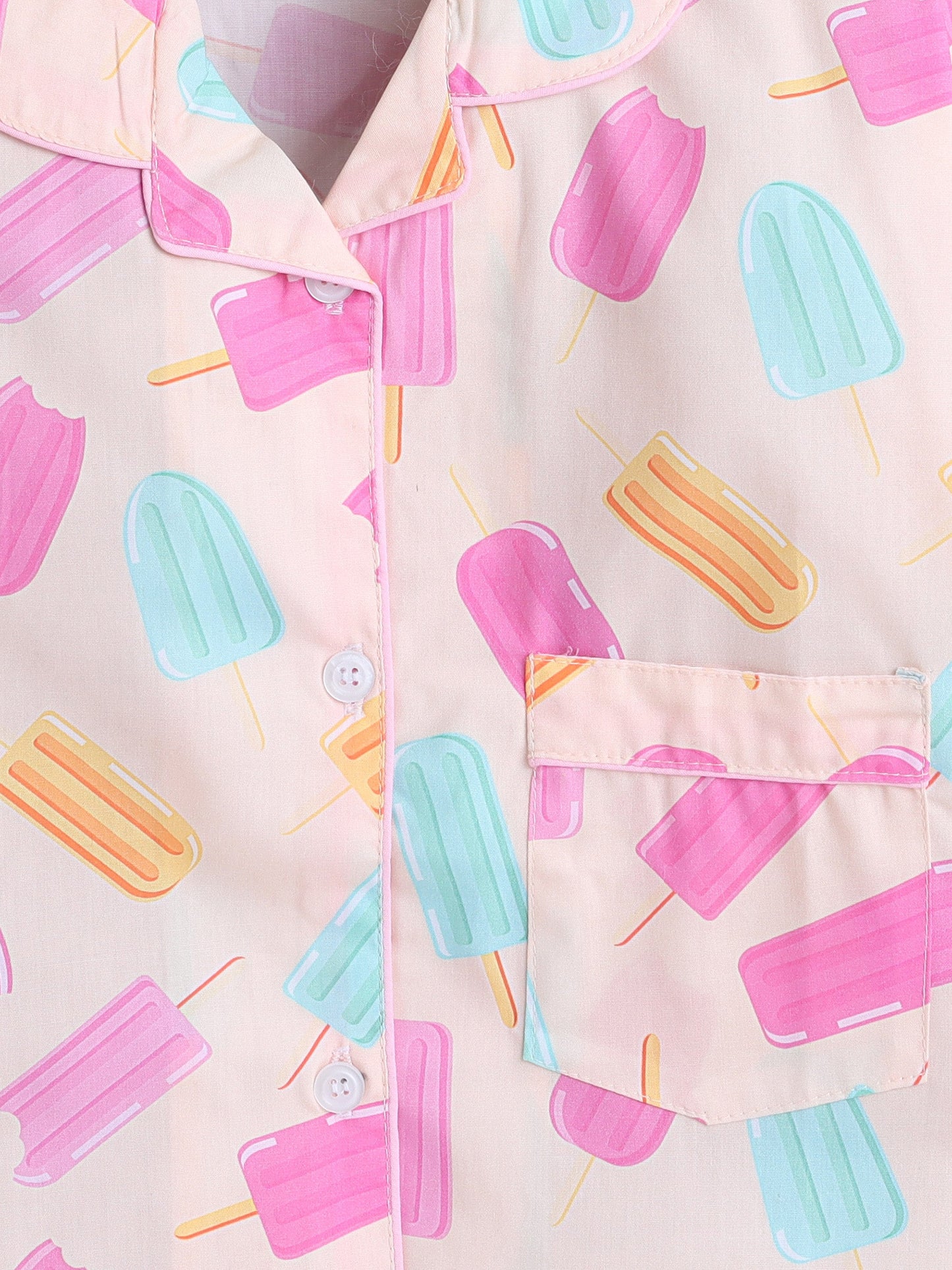Cotton Woven Full Sleeves Ice Cream & Candies Printed Coordinating Night Suit Set - Peach
