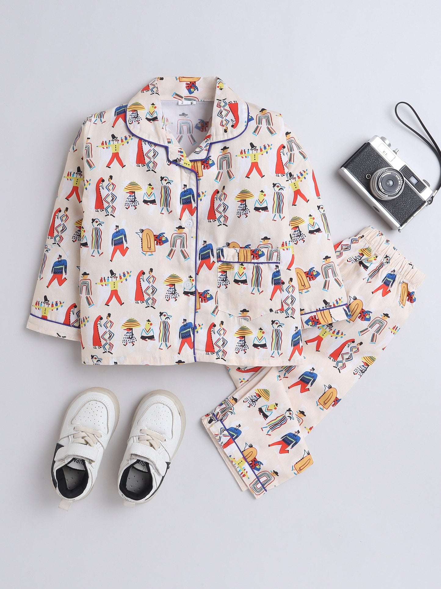 Cotton Woven Full Sleeves Abstract Printed Coordinating Night Suit Set - Beige