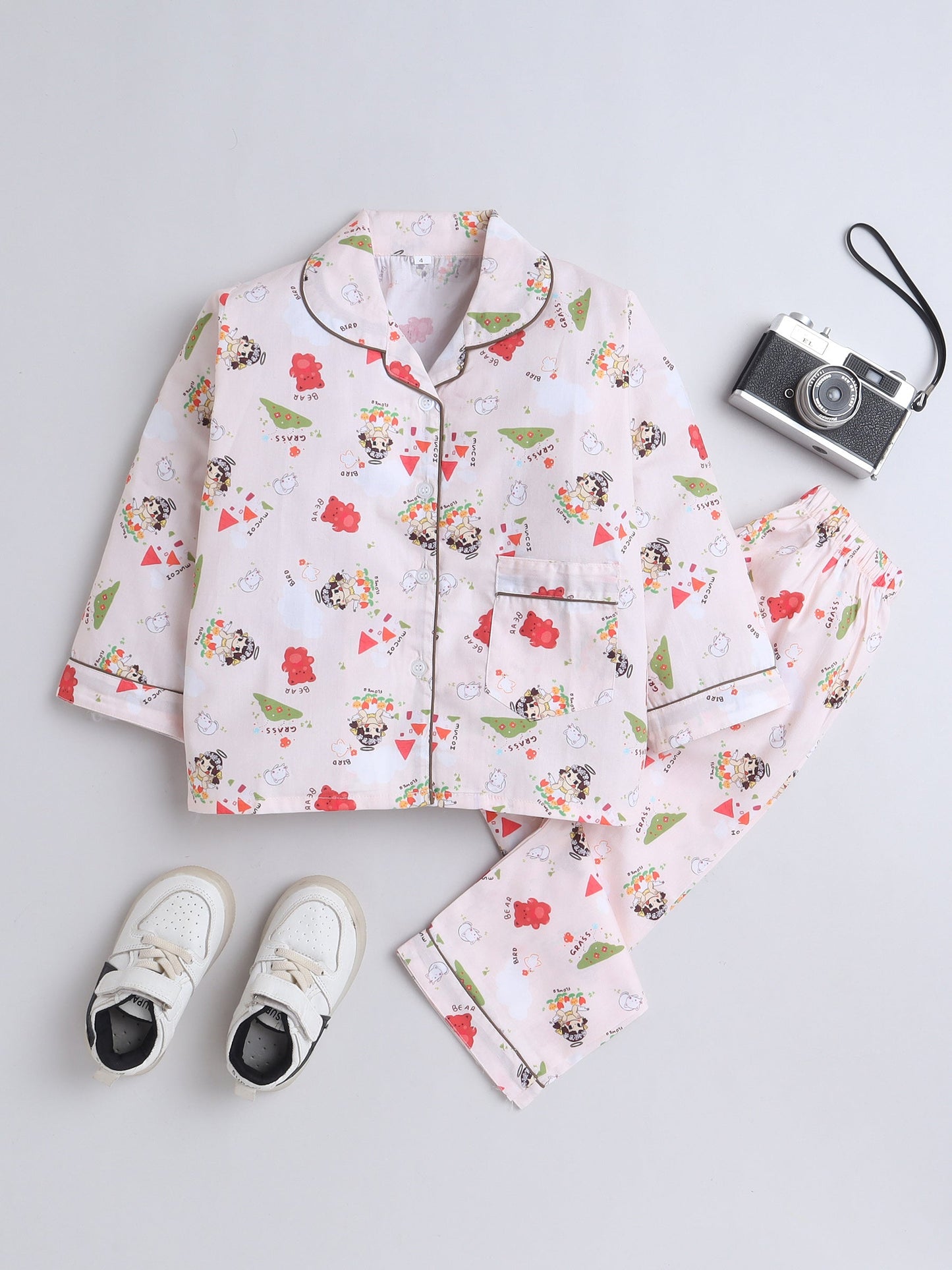 Cotton Woven Full Sleeves Bear Printed Coordinating Night Suit Set - Peach