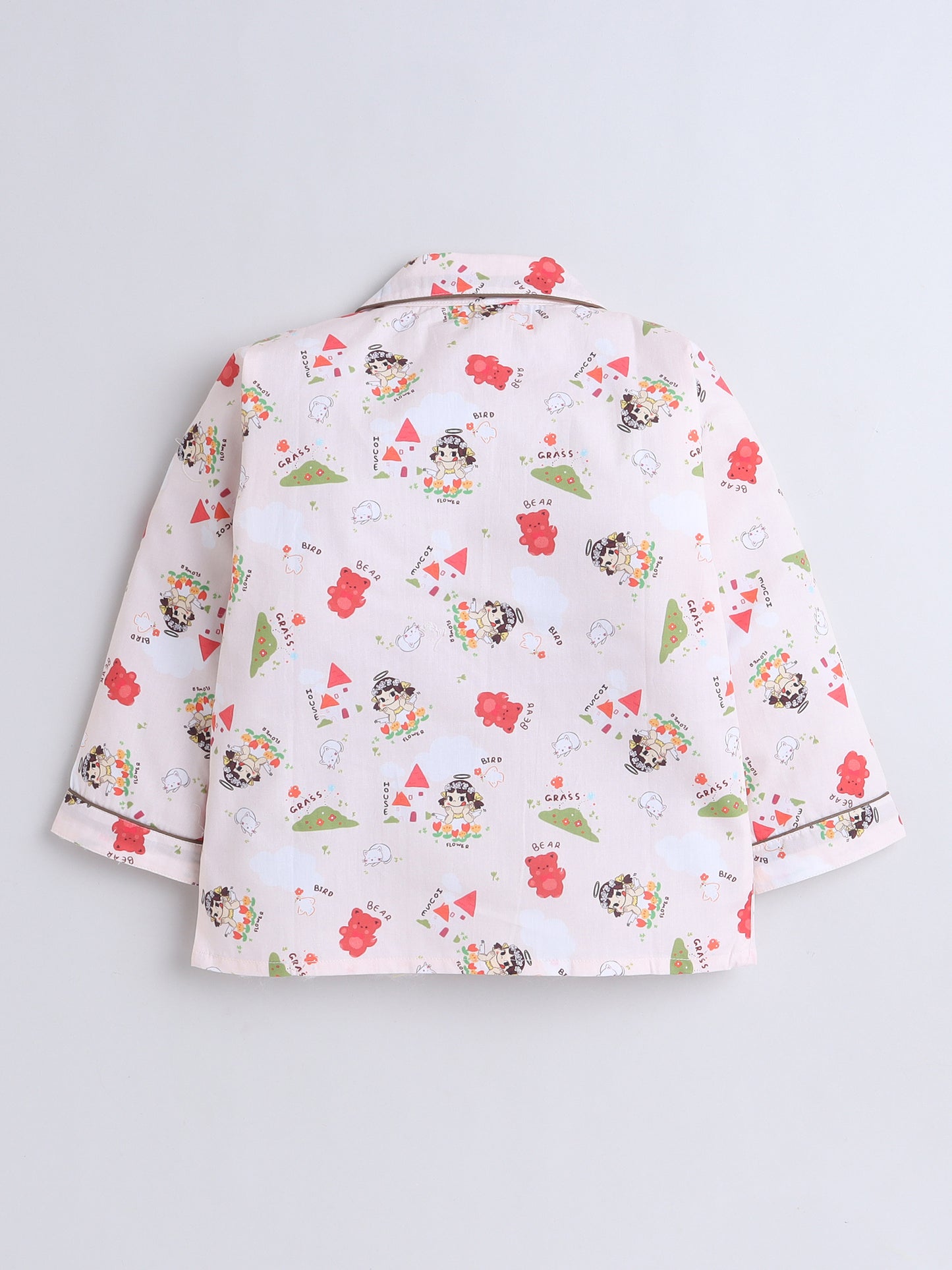 Full Sleeves Cotton Bear Printed Night Suit Set Peach