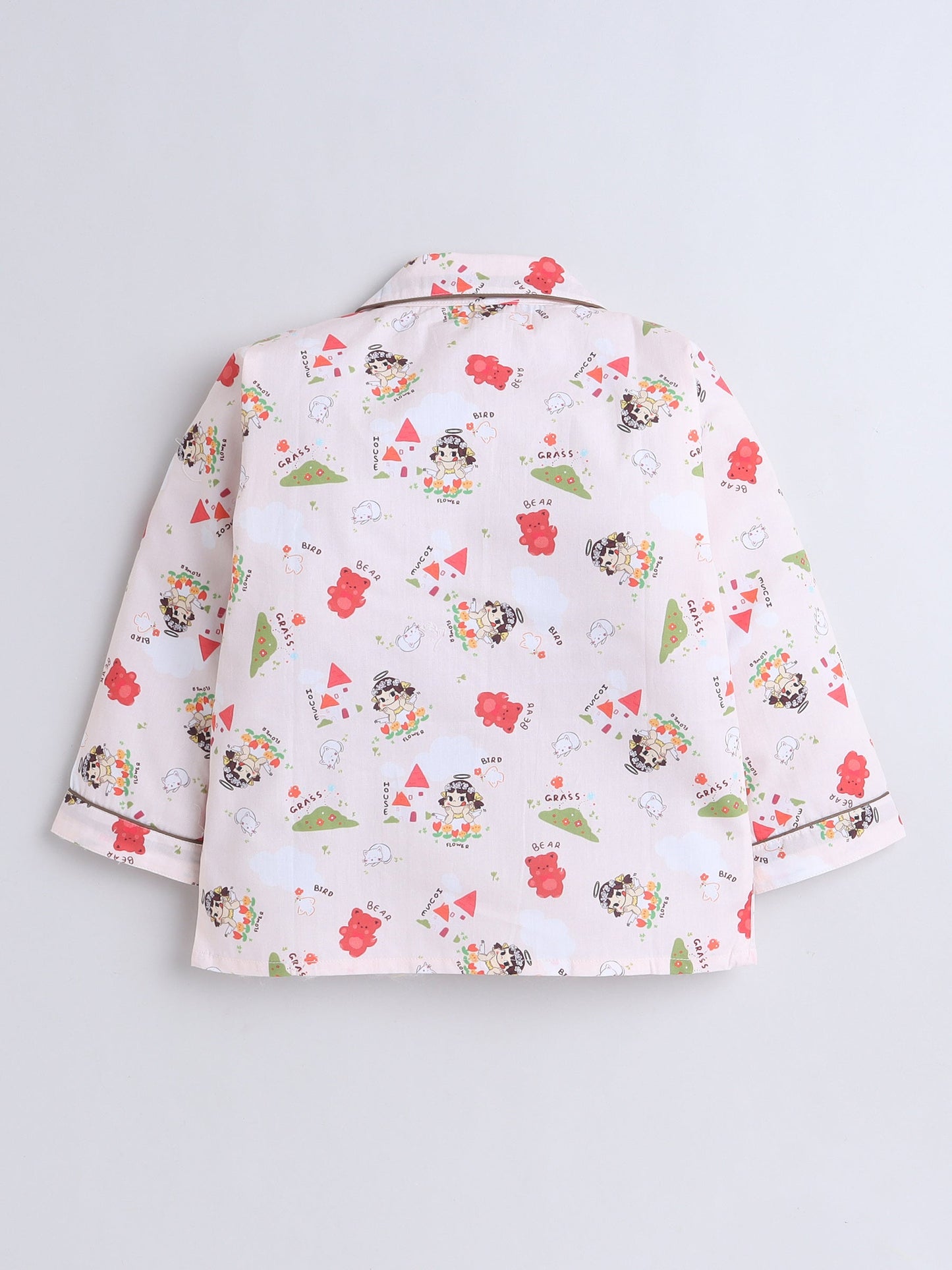 Cotton Woven Full Sleeves Bear Printed Coordinating Night Suit Set - Peach