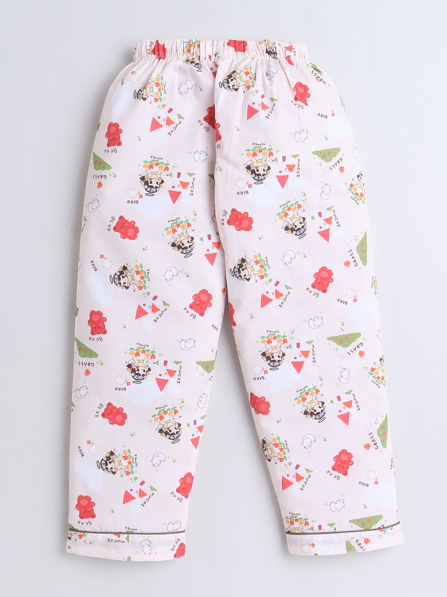 Full Sleeves Cotton Bear Printed Night Suit Set Peach