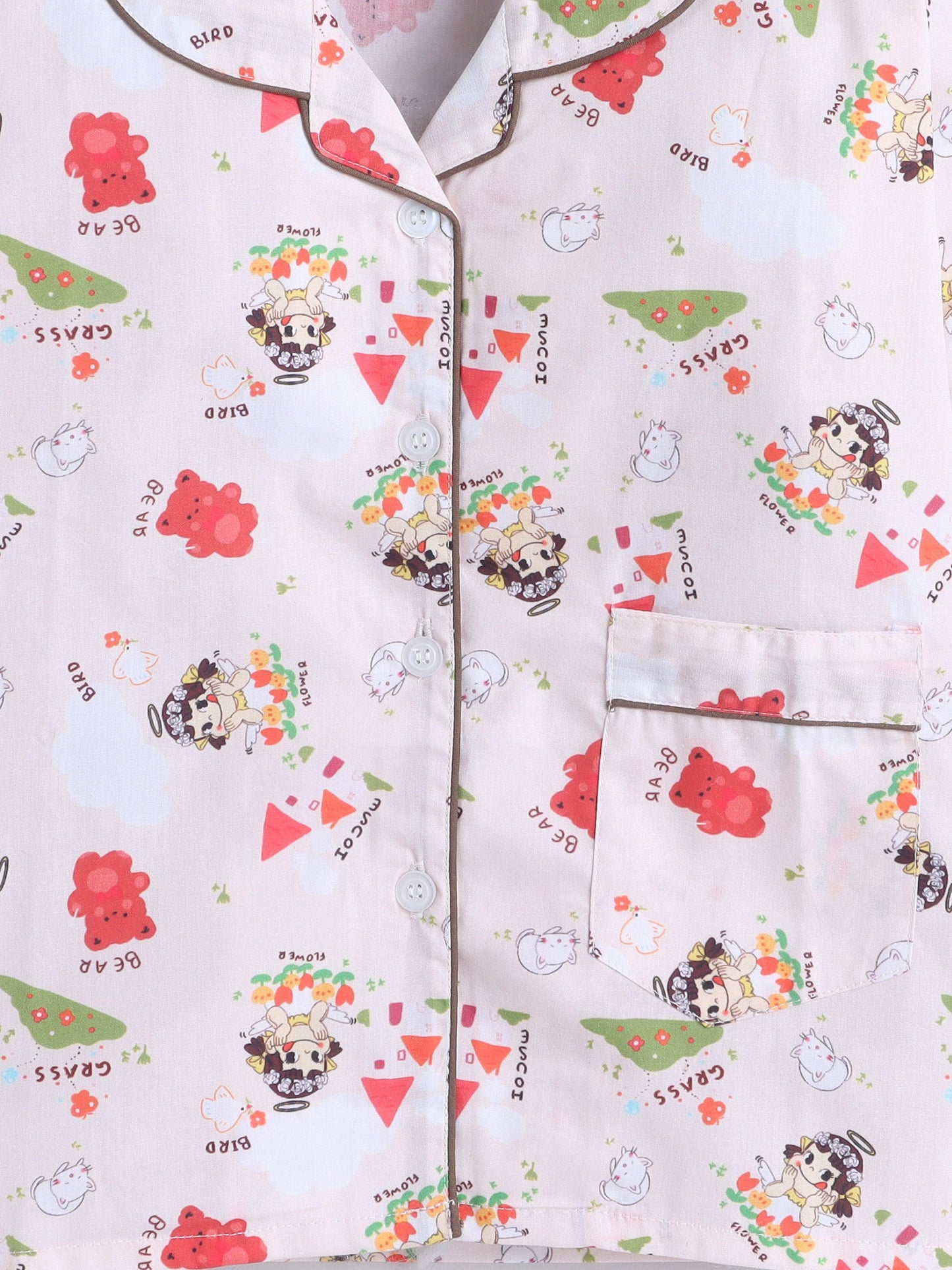 Cotton Woven Full Sleeves Bear Printed Coordinating Night Suit Set - Peach