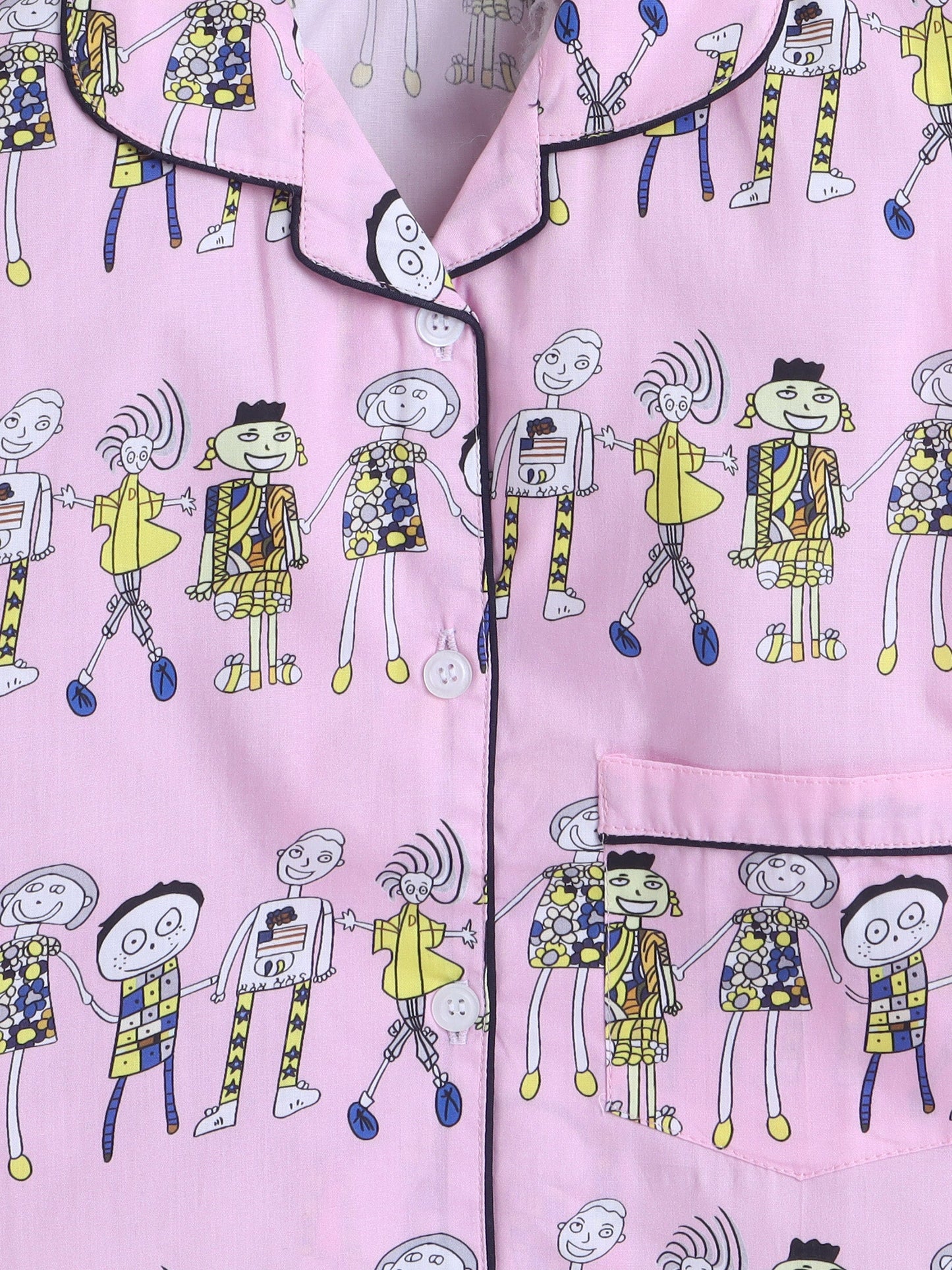 Cotton Woven Full Sleeves Humans Printed Coordinating Night Suit Set - Pink