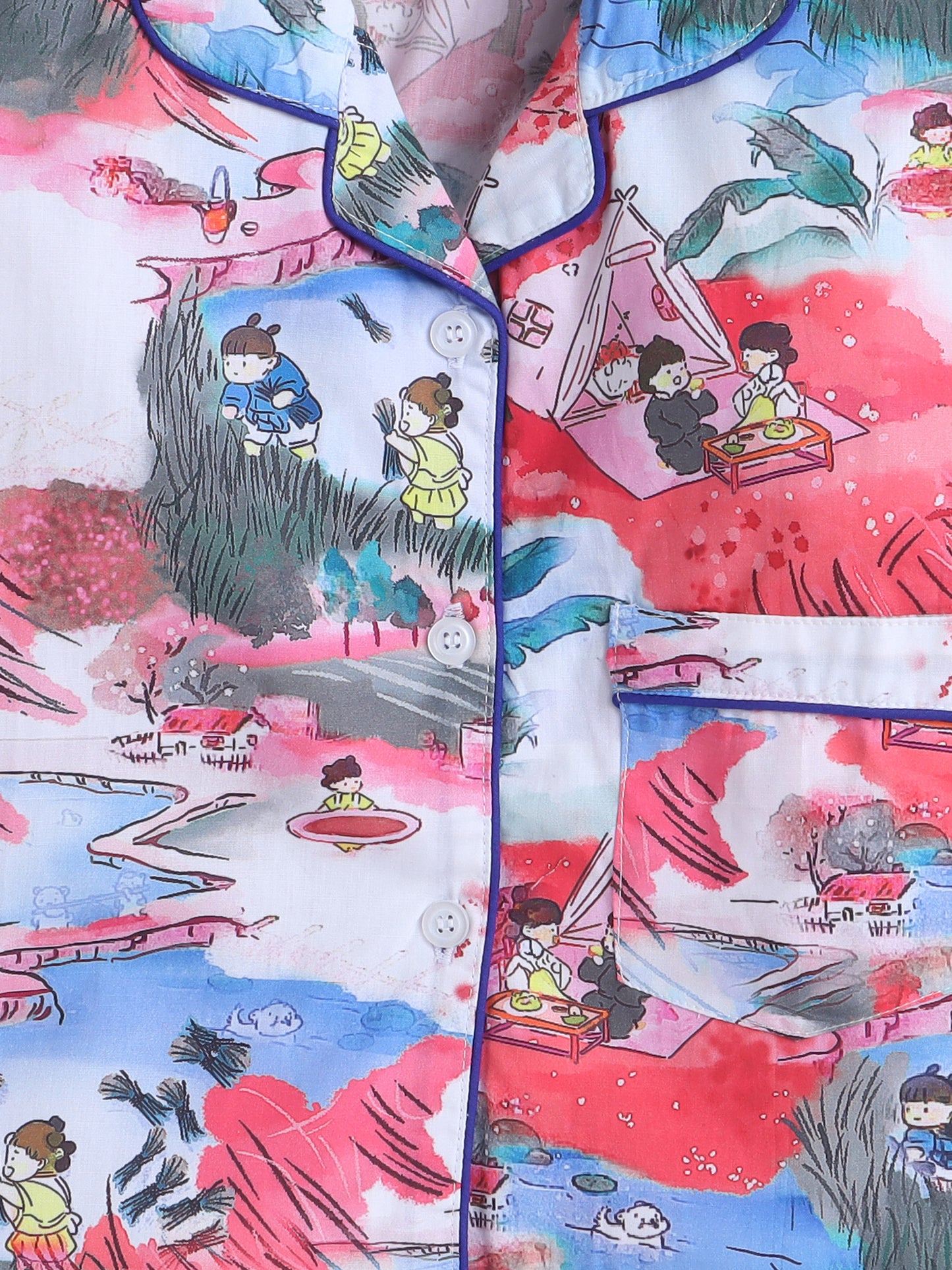 Full Sleeves Cotton All Over Printed Night Suit Set Tomato Red