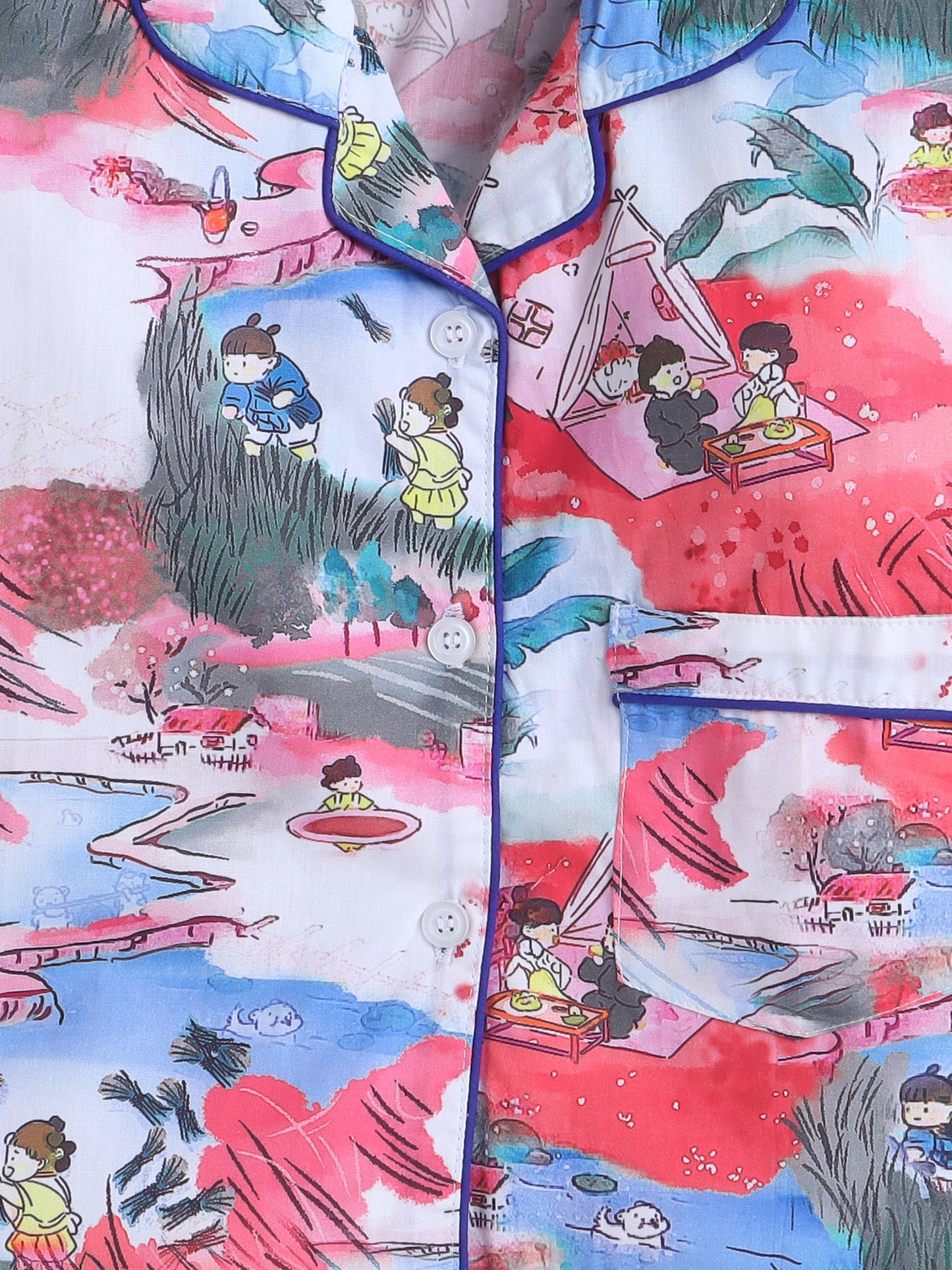 Cotton Woven Full Sleeves Village Theme Printed Coordinating Night Suit Set - Red