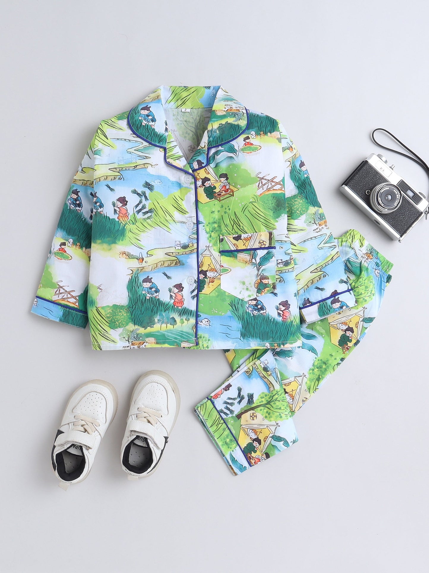 Cotton Woven Full Sleeves Village Theme Printed Coordinating Night Suit Set - Green