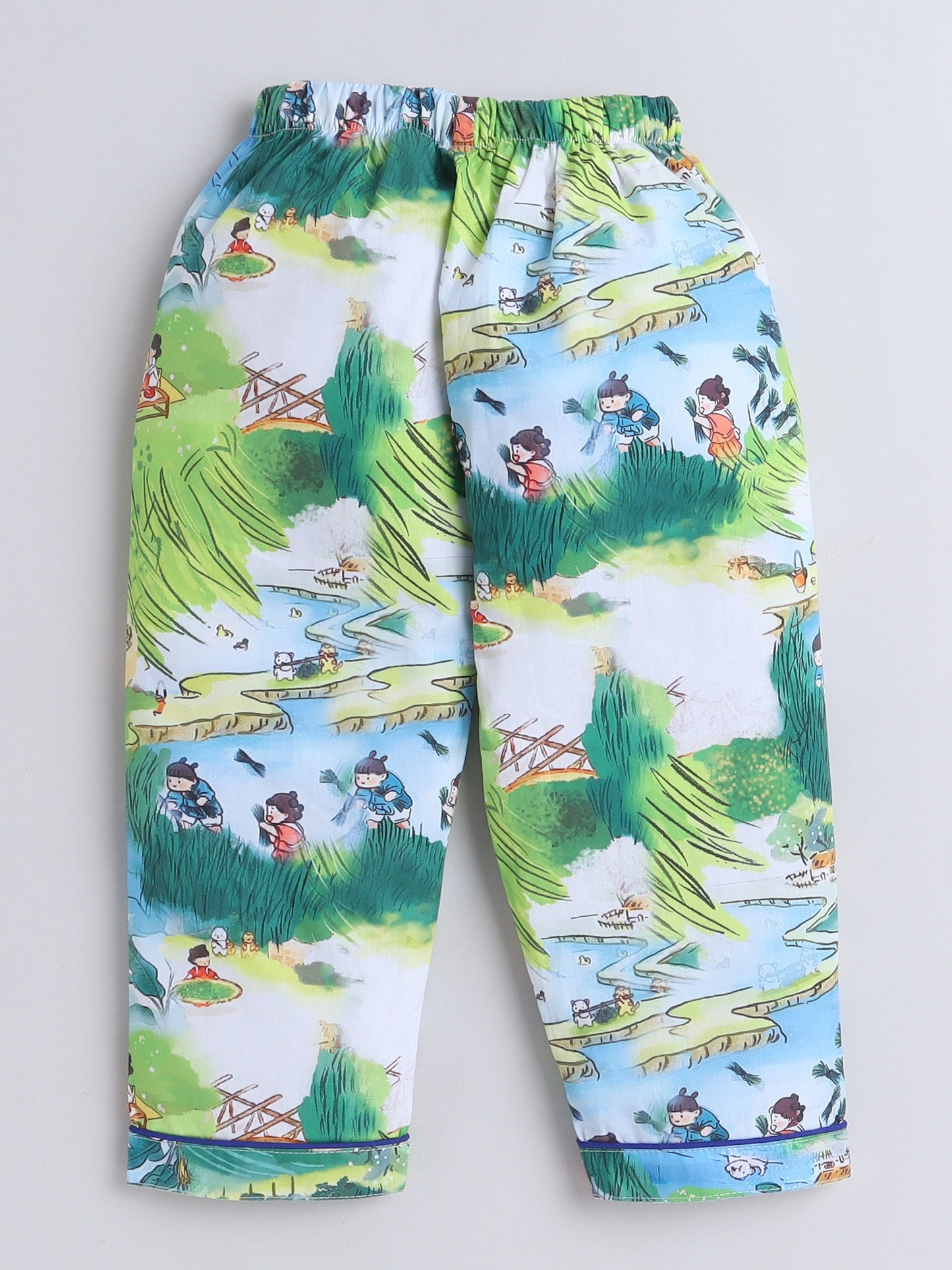 Cotton Woven Full Sleeves Village Theme Printed Coordinating Night Suit Set - Green