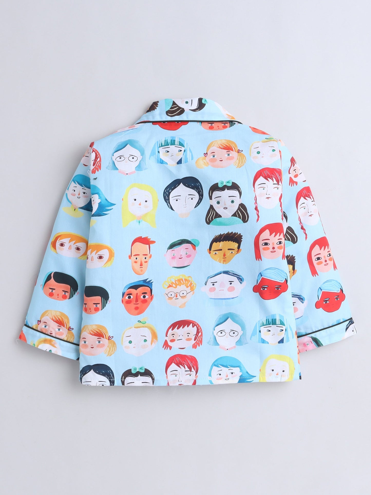 Cotton Woven Full Sleeves Human Faces Printed Coordinating Night Suit Set - Sky Blue