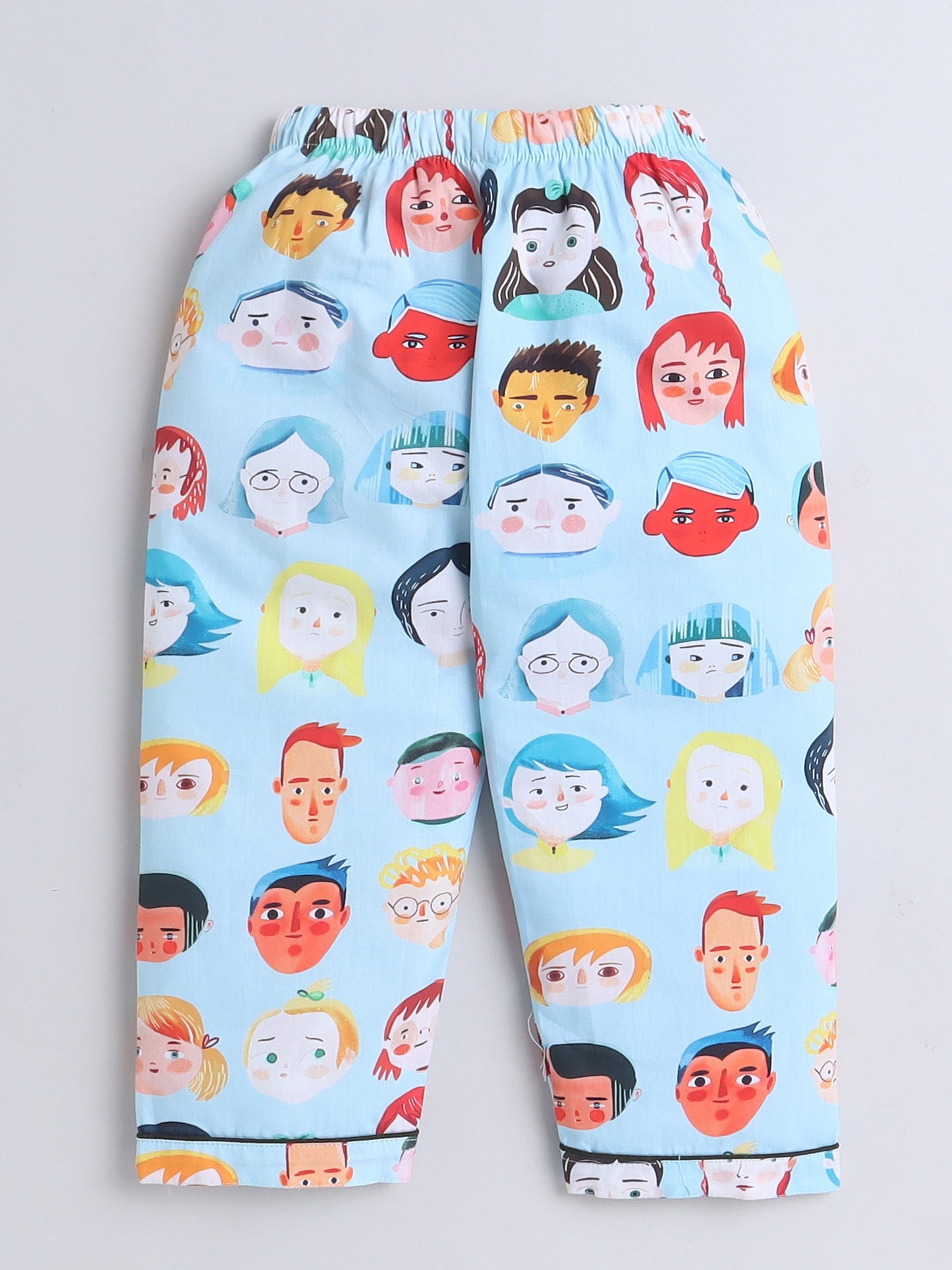 Cotton Woven Full Sleeves Human Faces Printed Coordinating Night Suit Set - Sky Blue