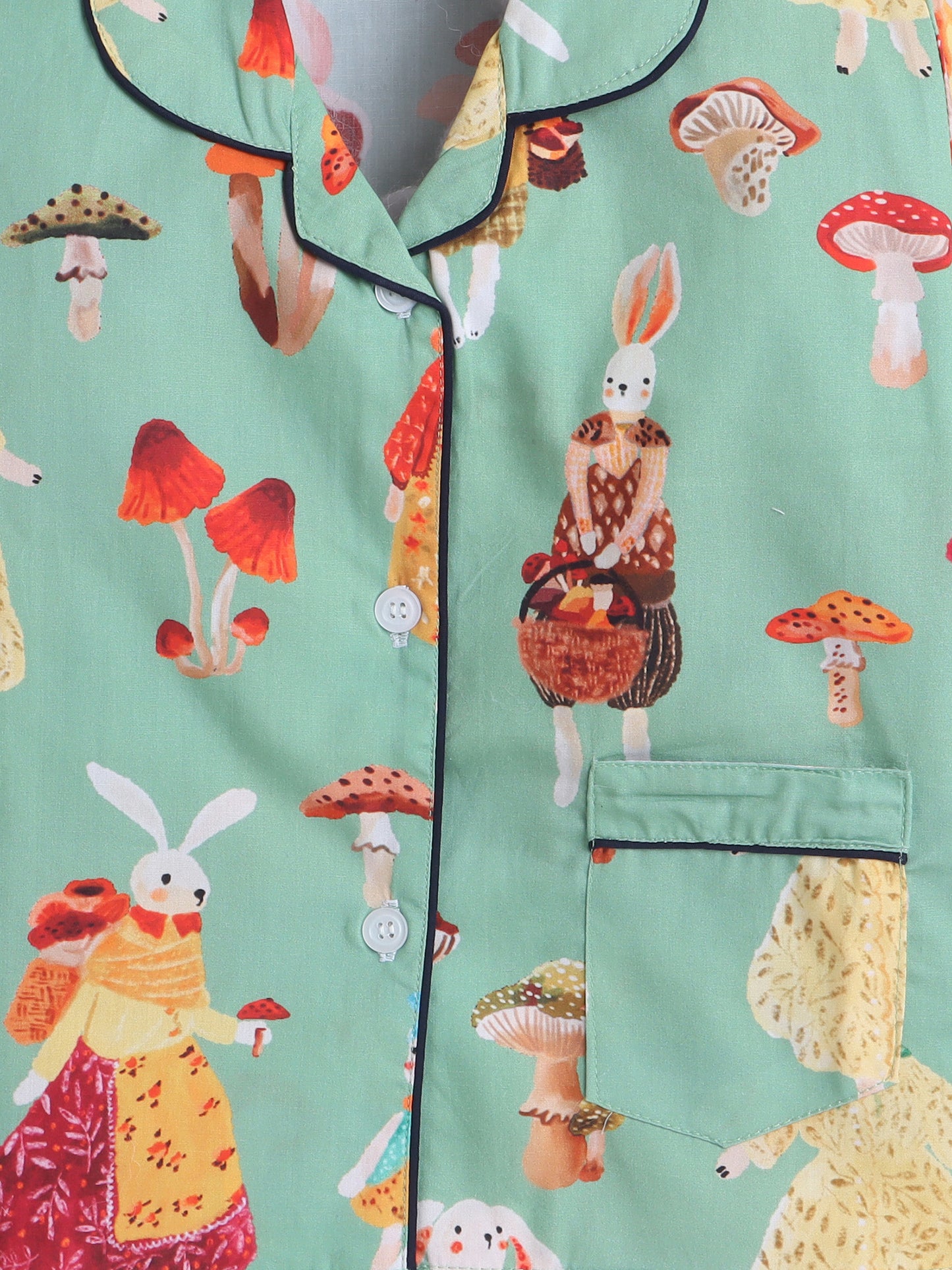 Full Sleeves Cotton Bunny Printed Night Suit Set Green
