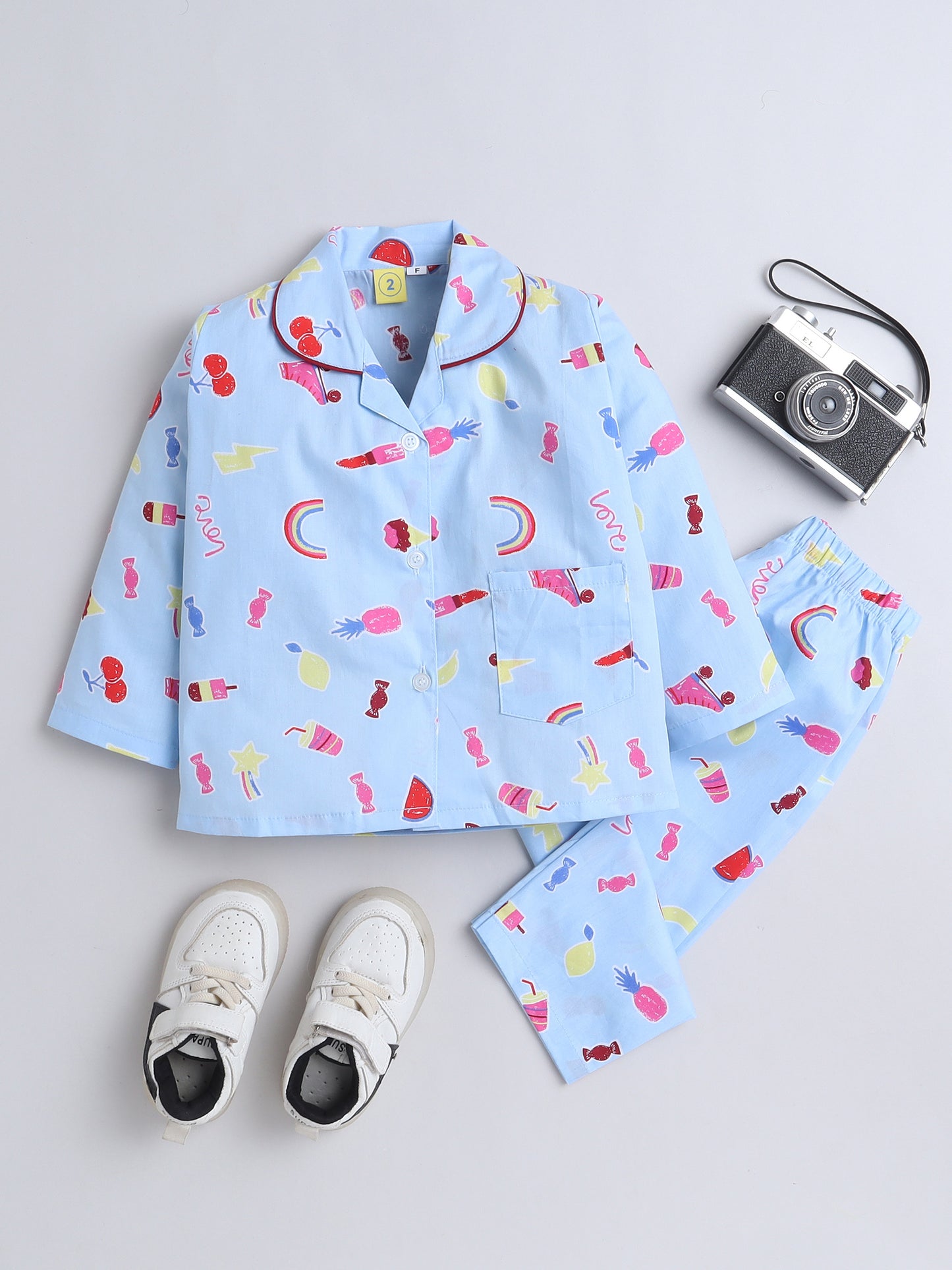 Full Sleeves Cotton Candy Printed Night Suit Set Blue