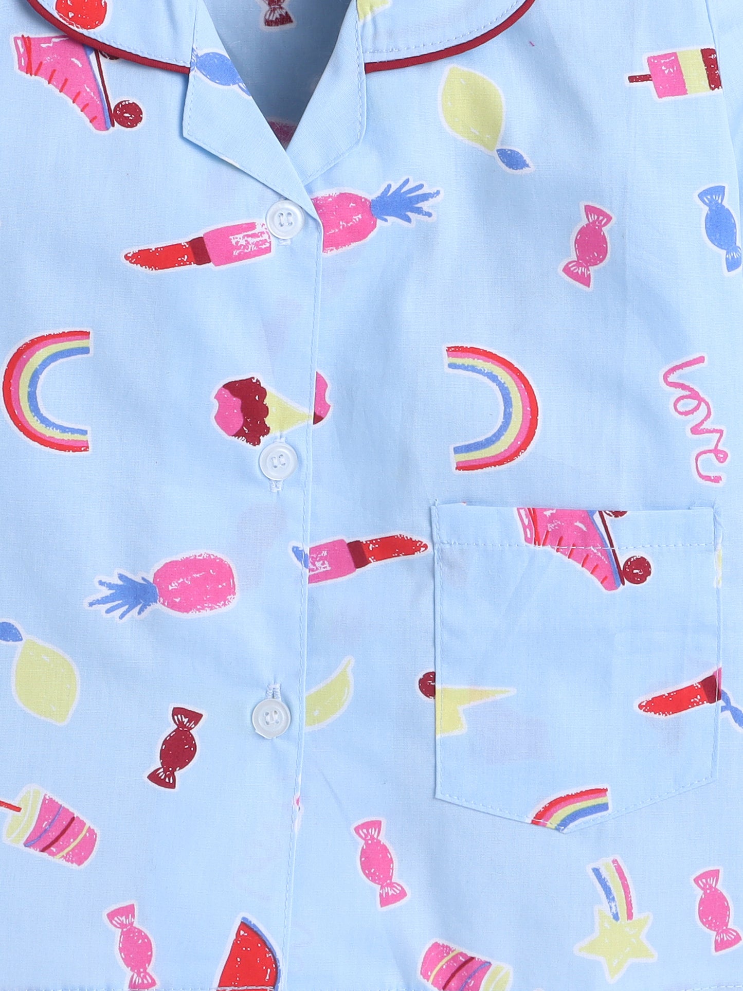 Full Sleeves Cotton Candy Printed Night Suit Set Blue