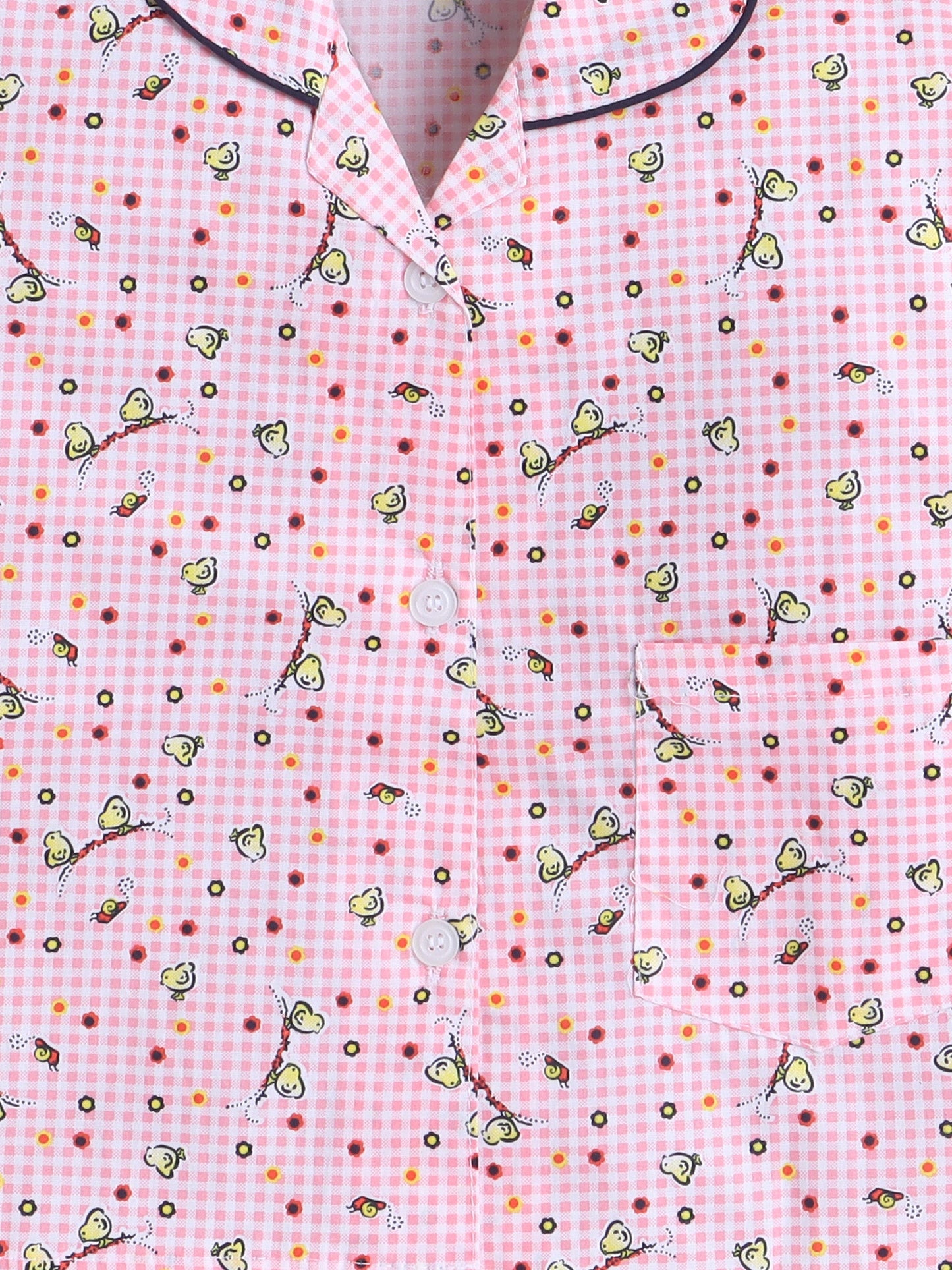Cotton Woven Full Sleeves Birds Printed & Checked Coordinating Night Suit Set - Pink