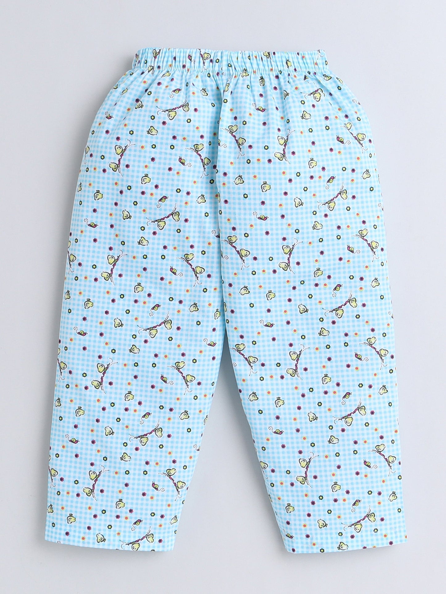 Cotton Woven Full Sleeves Birds Printed & Checked Coordinating Night Suit Set - Blue