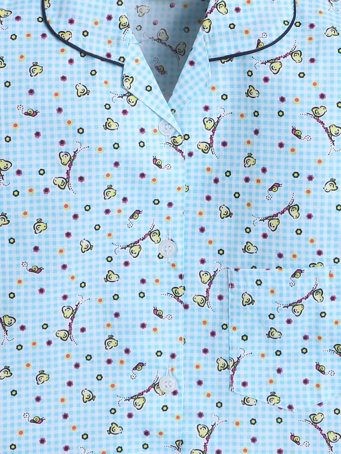 Cotton Woven Full Sleeves Birds Printed & Checked Coordinating Night Suit Set - Blue