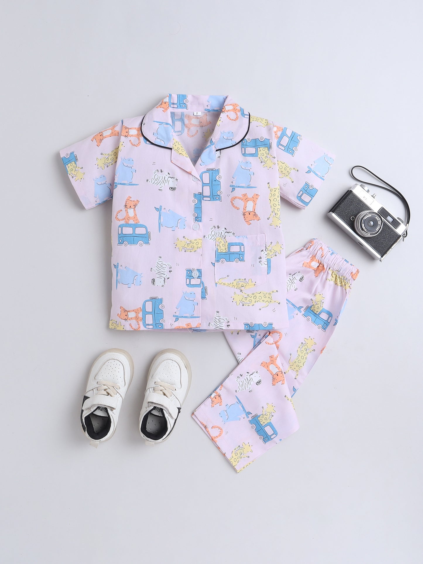 Half Sleeves Cotton Car Printed Night Suit Set Pink