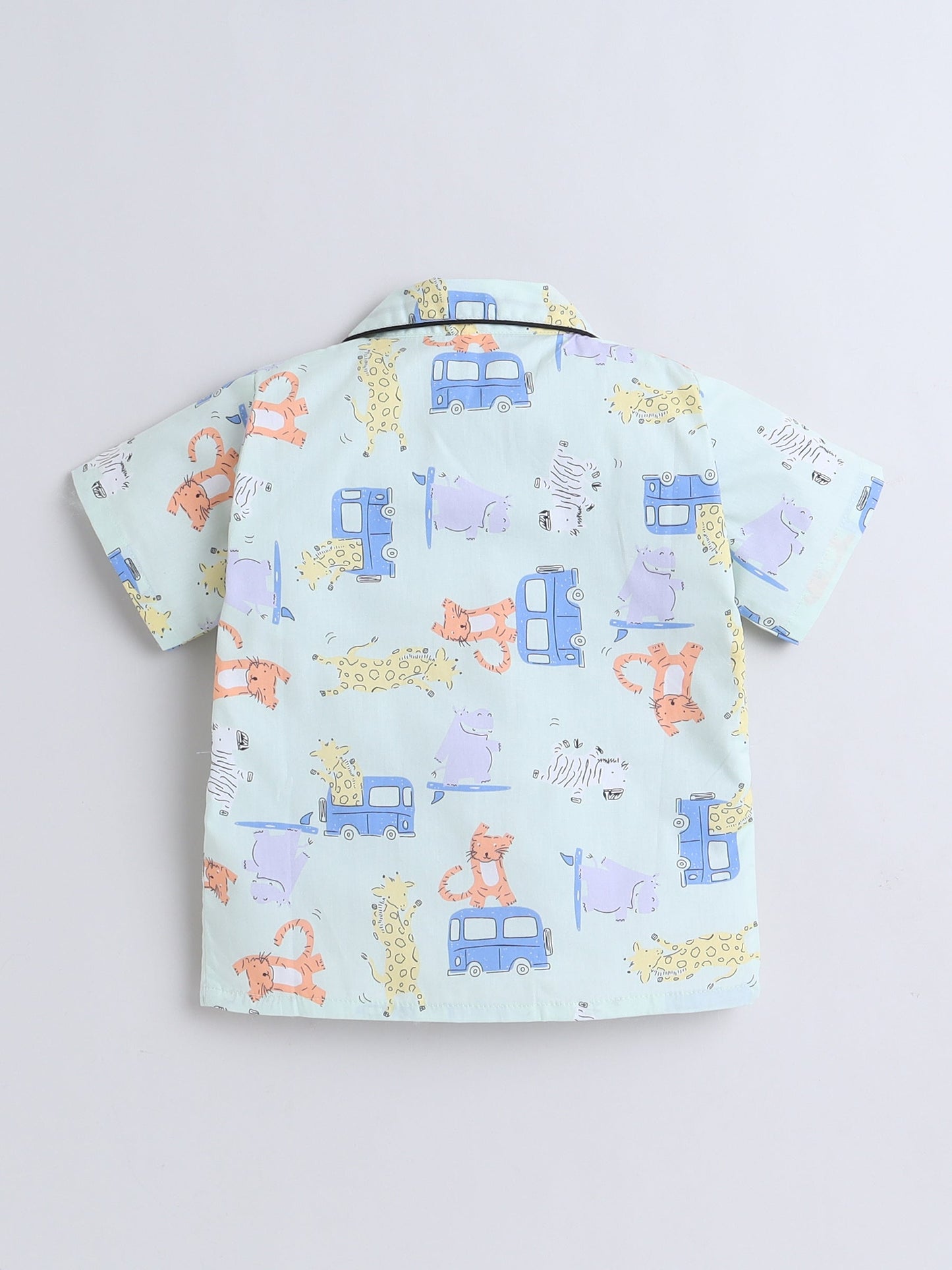 Cotton Woven Half Sleeves Car & Animals Printed Coordinating Night Suit Set - Sea Green