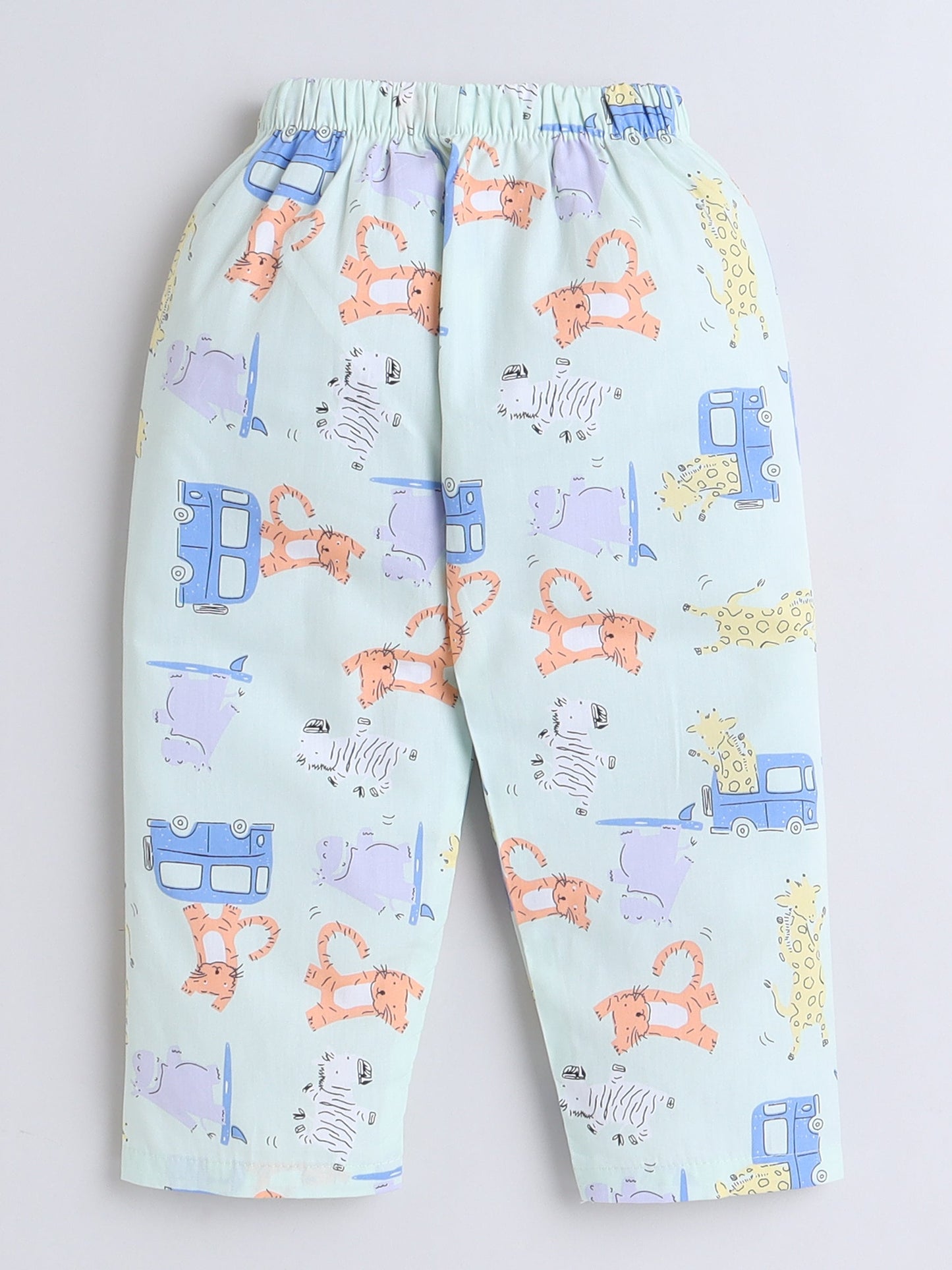 Cotton Woven Half Sleeves Car & Animals Printed Coordinating Night Suit Set - Sea Green