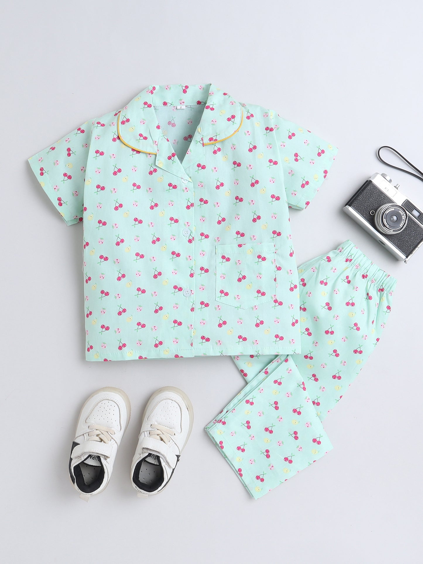 Half Sleeves Cotton Fruit Printed Night Suit Set Green